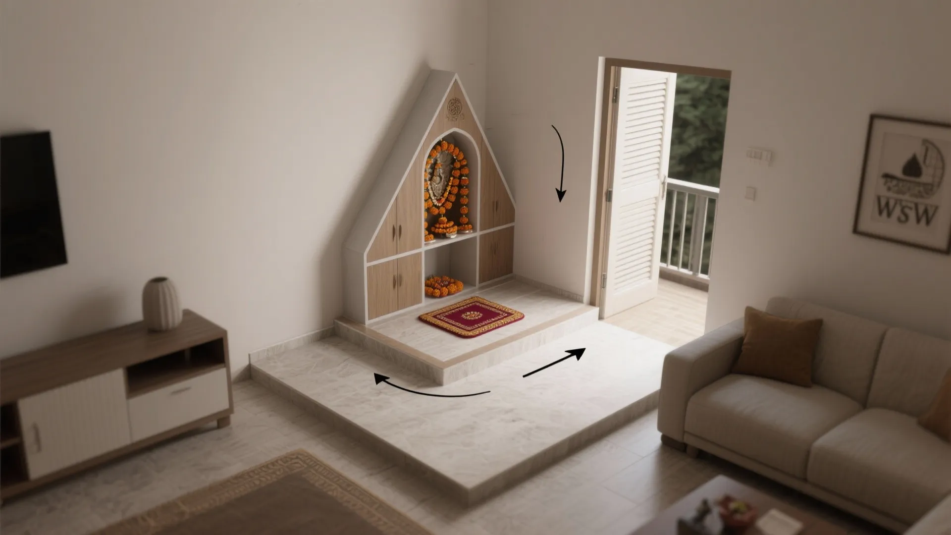 Interior design drawing showing a small corner prayer area with white sofa and balcony view