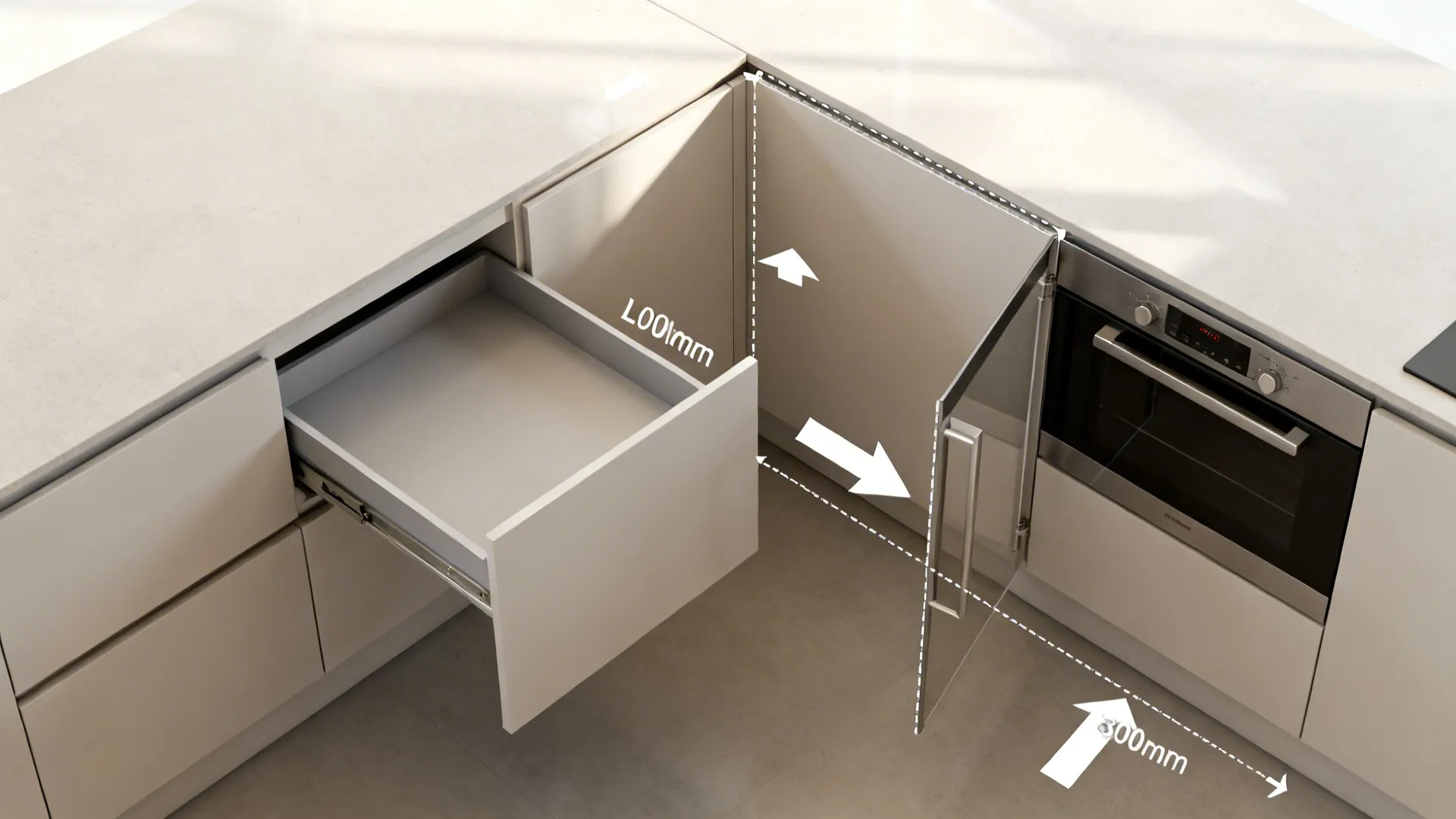 Top-down view of an L-shaped base with a LeMans corner tray and clear door swings.