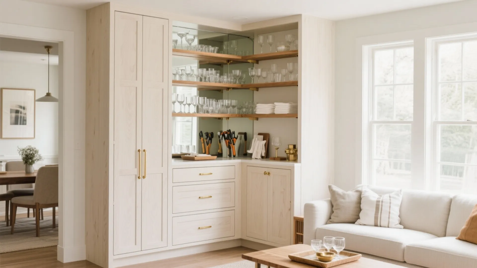 Corner wooden cabinet with glass shelves for storage next to a white sofa and window