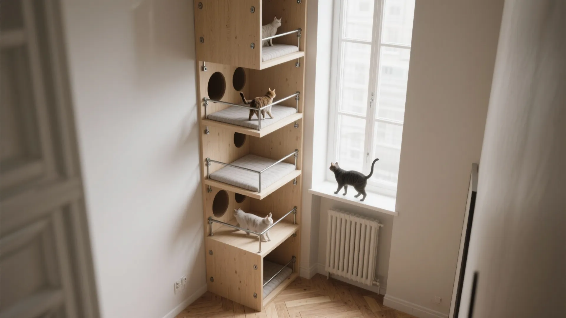 Slim modular corner tower with stacked platforms for cats fitted into a narrow apartment corner.