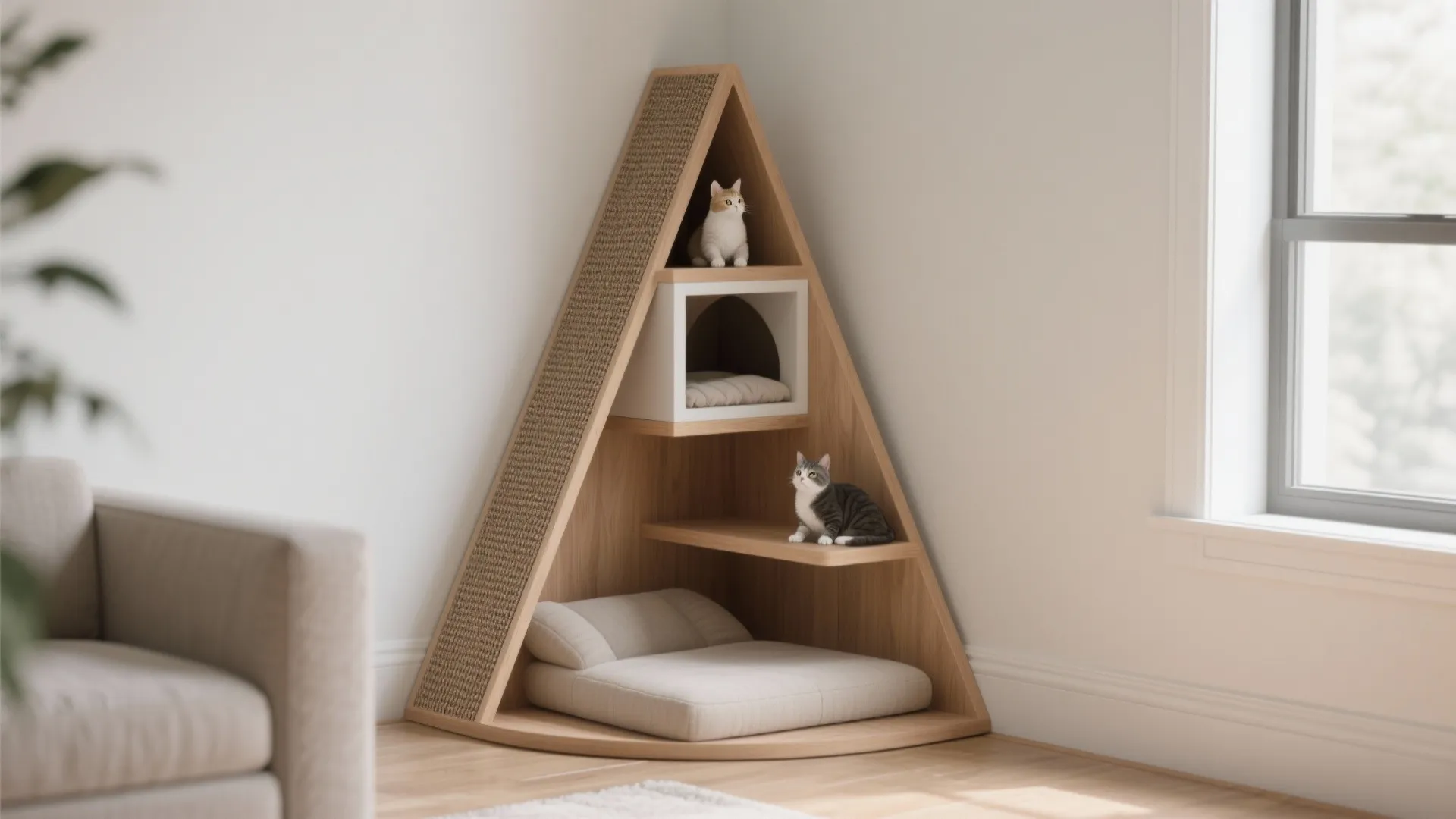 2. Slim corner tower with integrated scratch post
