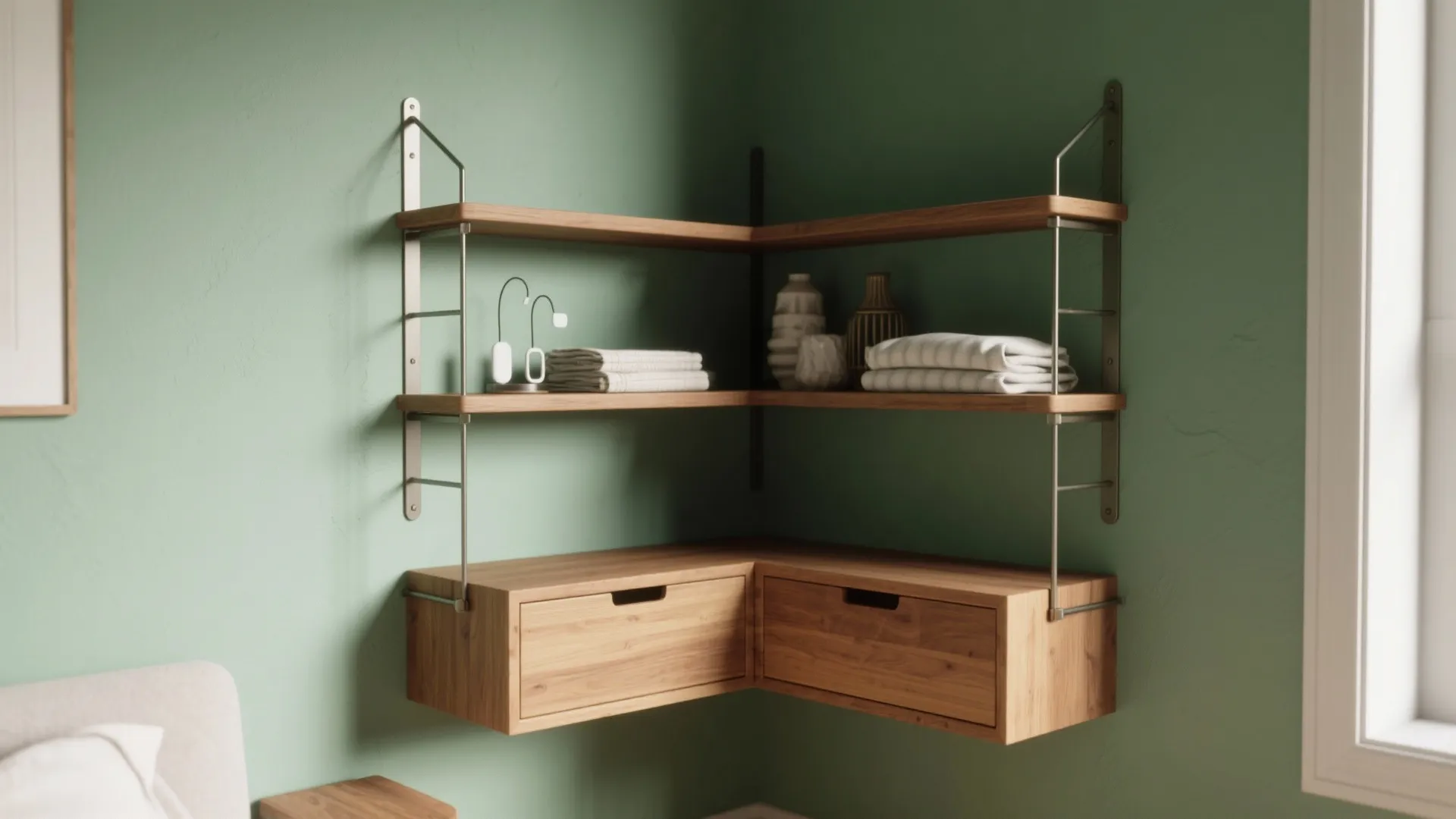 3. Corner Tall Shelves with Floating Brackets