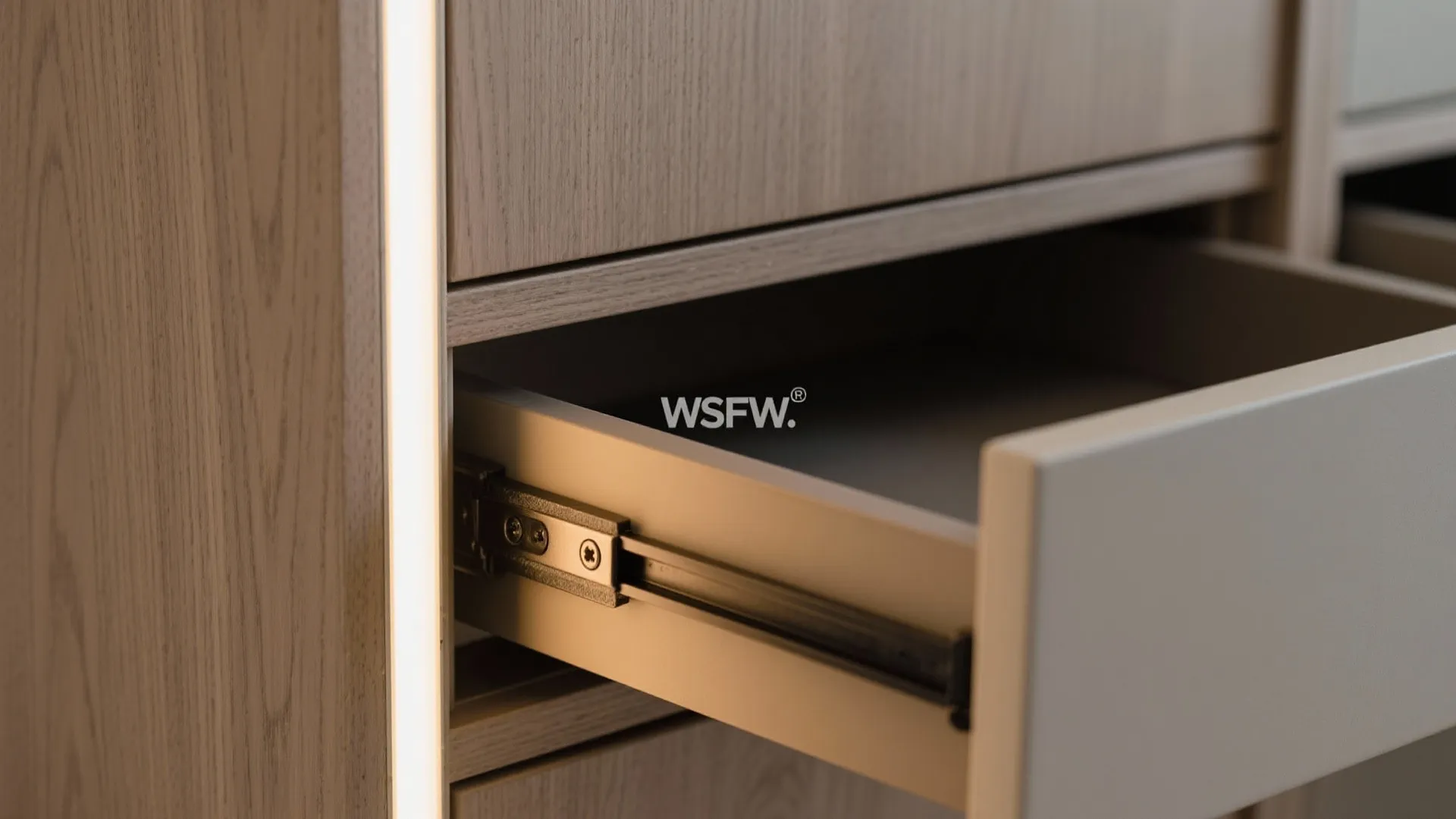 Close up view of open wooden drawer with metal slide and warm light strip on cabinet