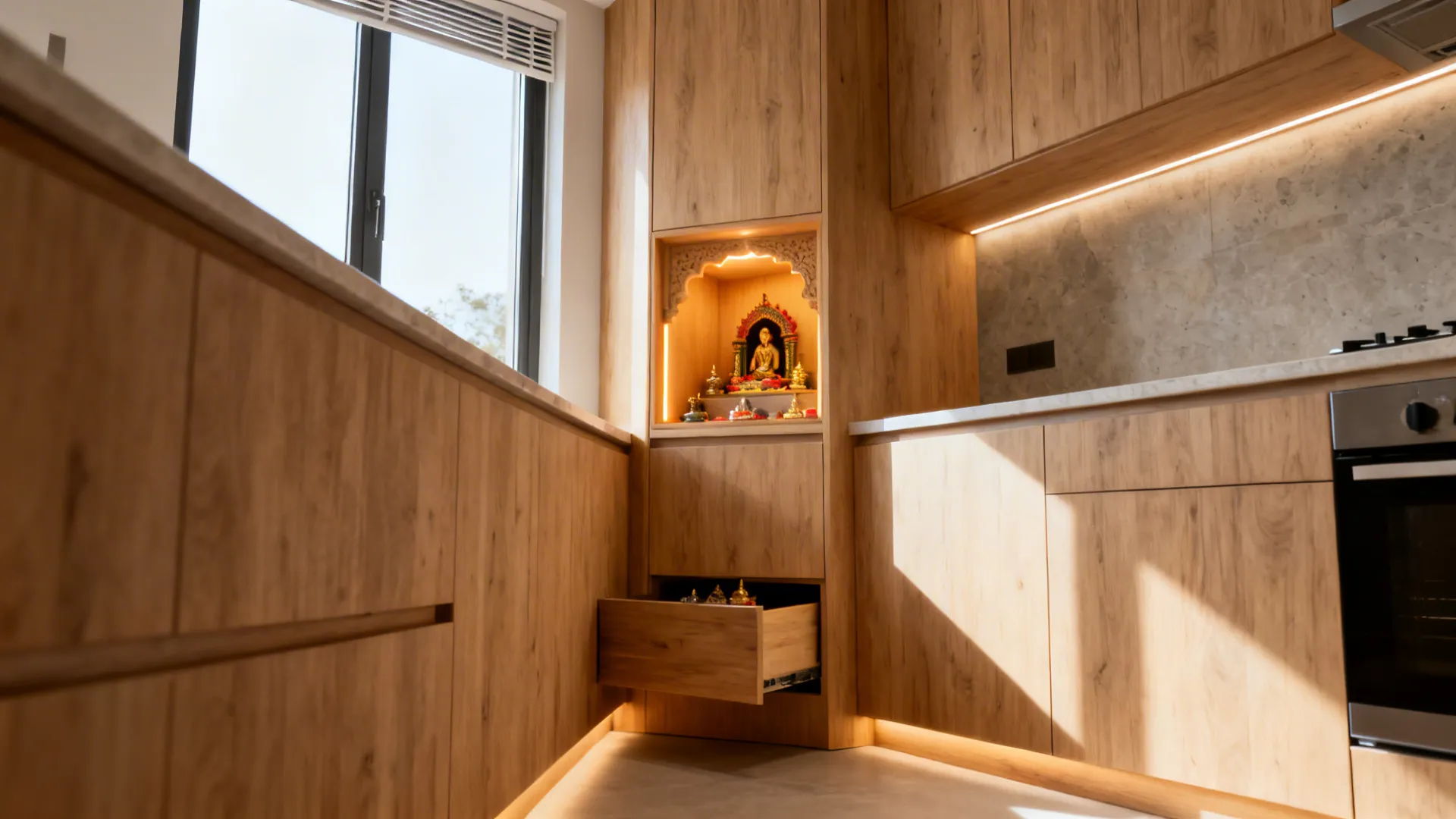 Wooden kitchen cabinets featuring a small lighted wall shelf for a statue and open drawer