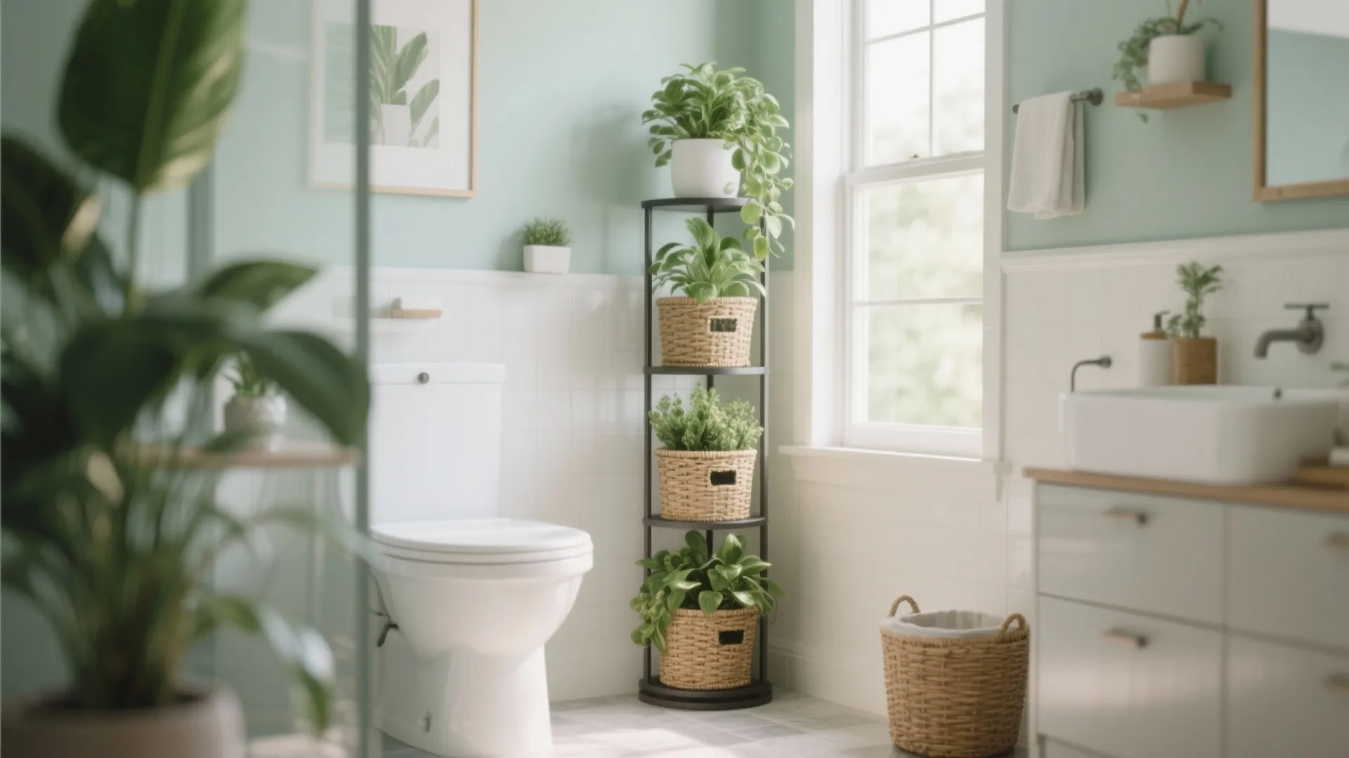 Tall black corner plant stand with woven baskets in a light green and white bathroom