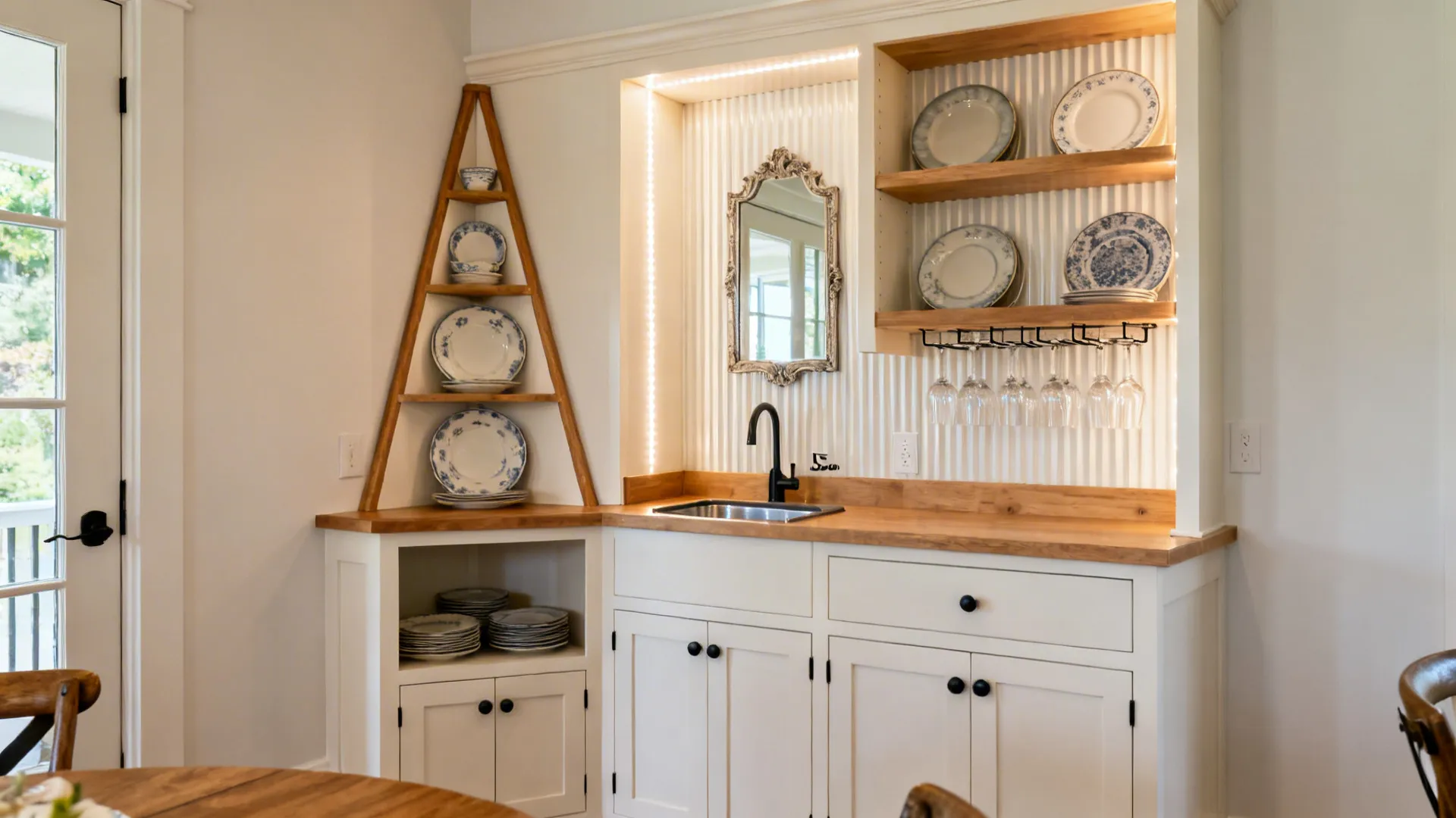 Corner crockery tower with shallow shelves and a compact bar sink with a fluted mirror backsplash.