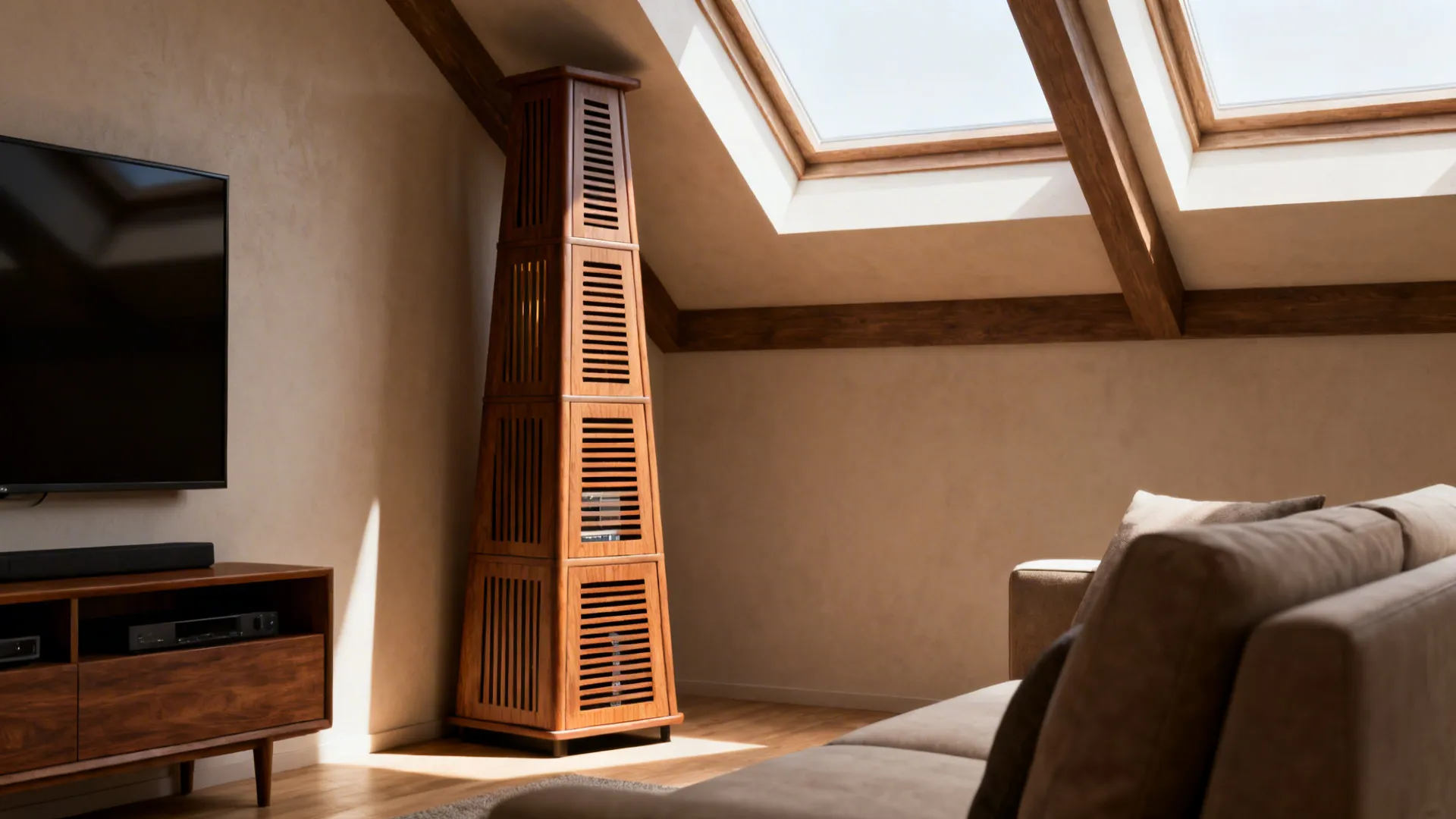 Tall corner tower TV stand with ventilated compartments in a small loft
