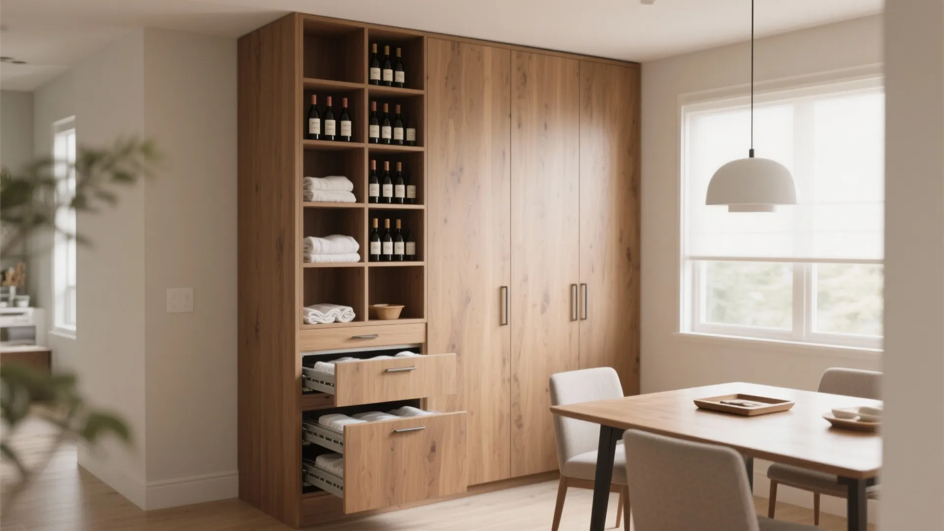 Large wooden kitchen cabinet with wine storage open drawers and a dining table nearby indoor