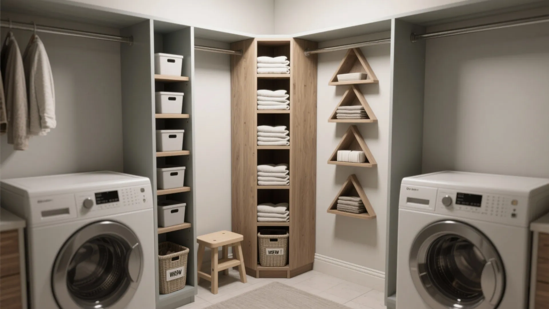 Laundry room corner cabinet storage with white washing machines wooden shelves and organized storage bins