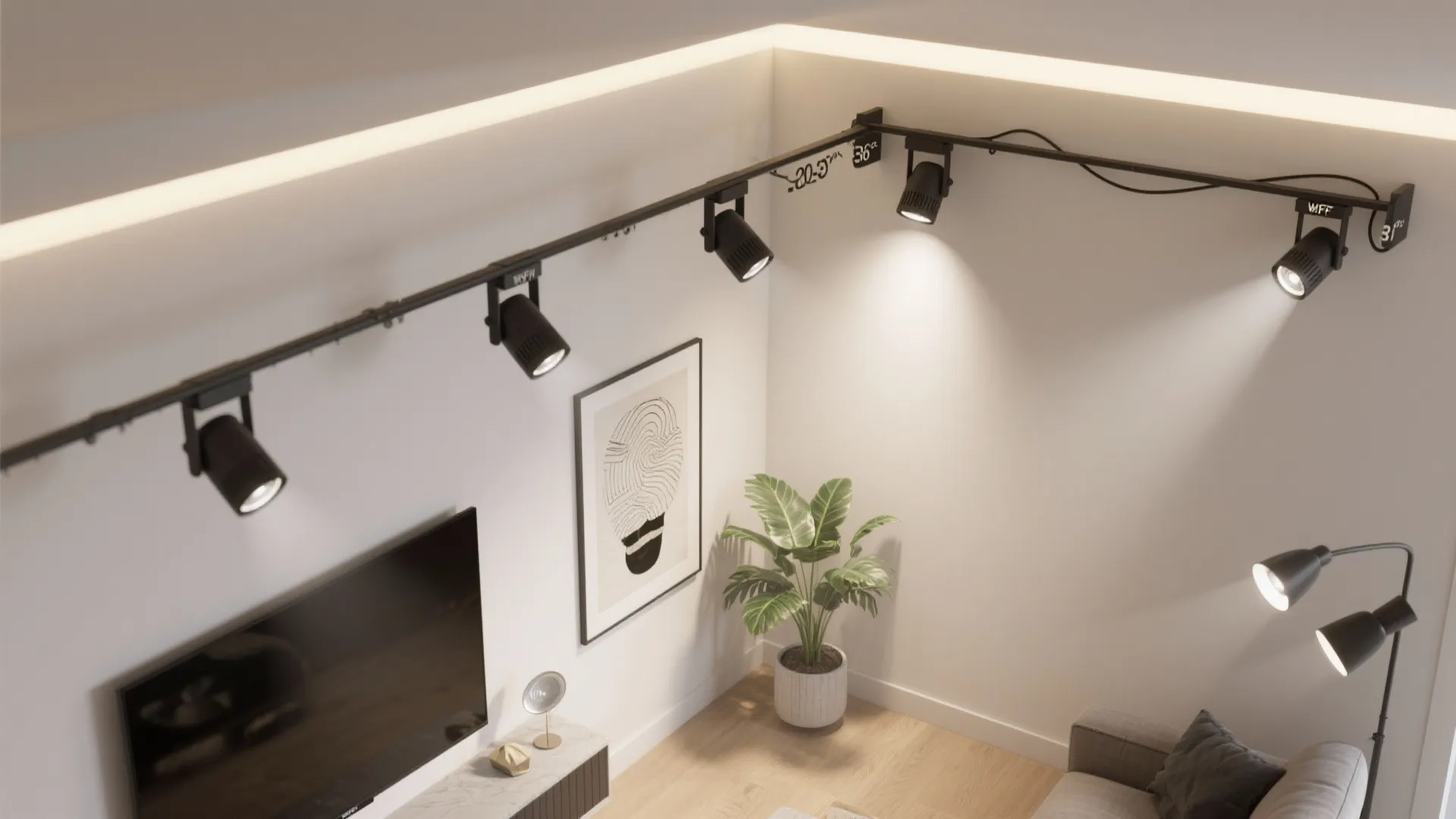 Corner track with adjustable heads for art and plants