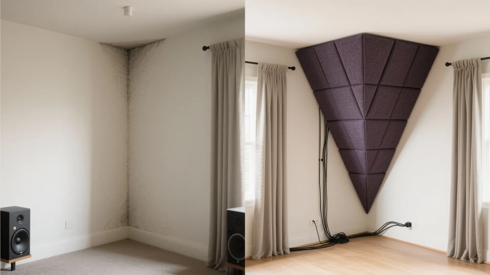 Before-and-after of a small room corner showing the addition of a superchunk bass trap.