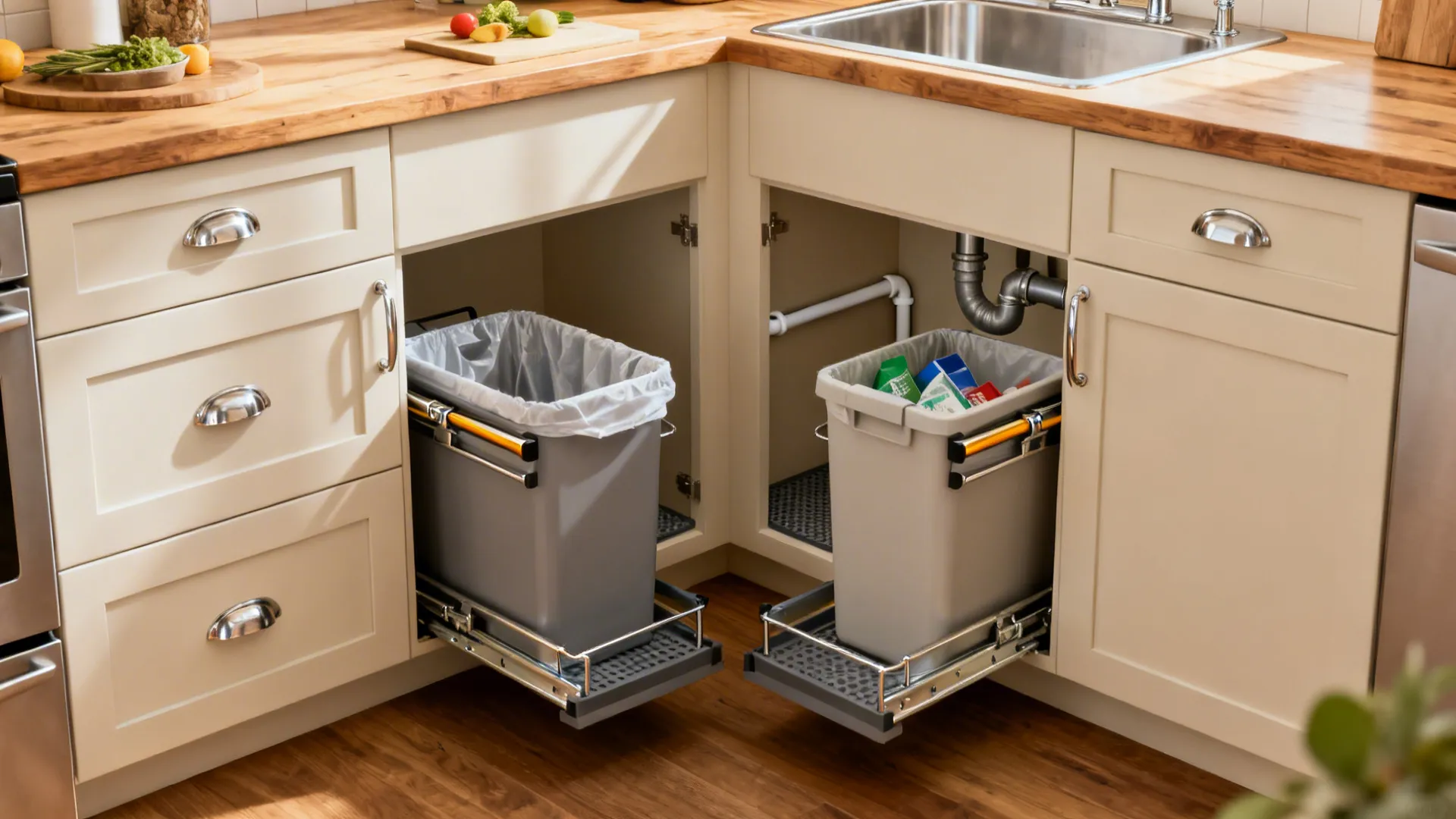 Open corner kitchen cabinet with two pull-out trash cans under wooden countertop and metal sink