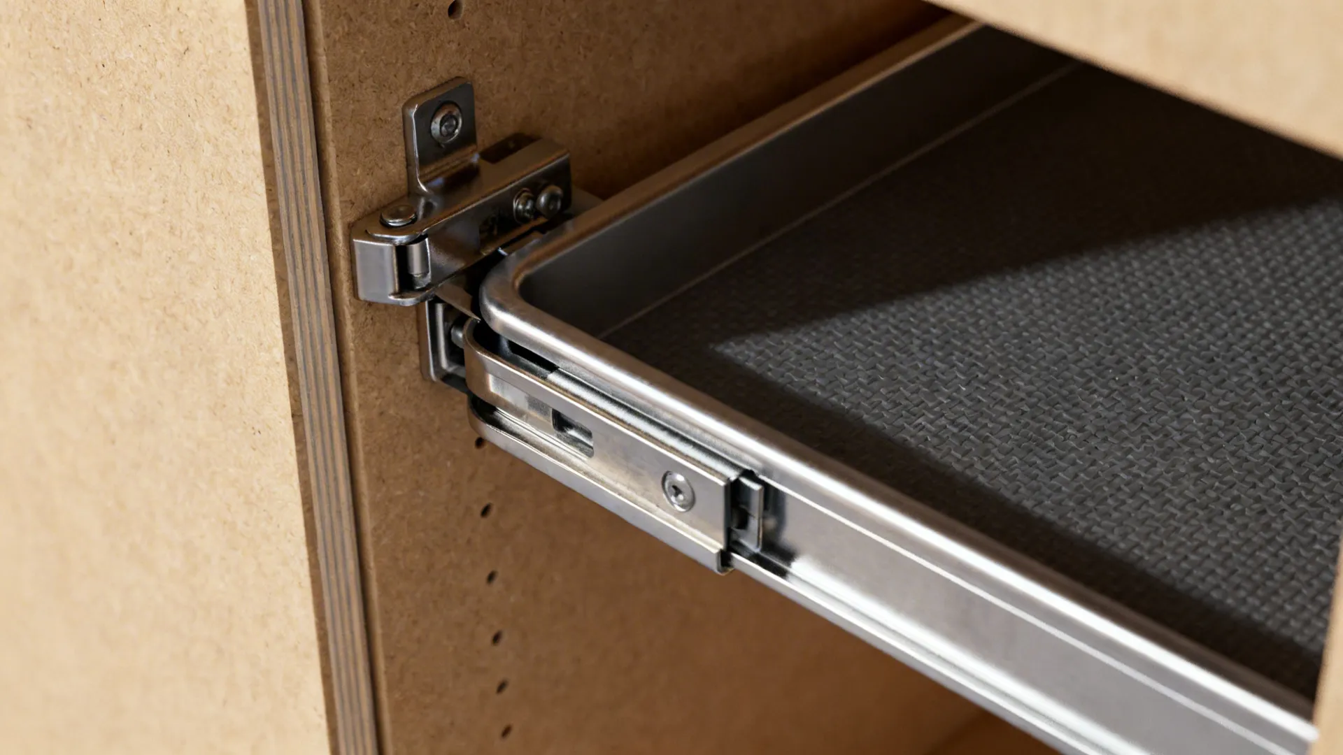 Macro of LeMans corner hardware installed in fiber cabinet with clean edge-banding.