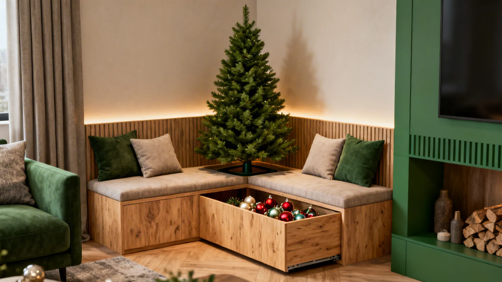 2. Corner tree with built-in seating