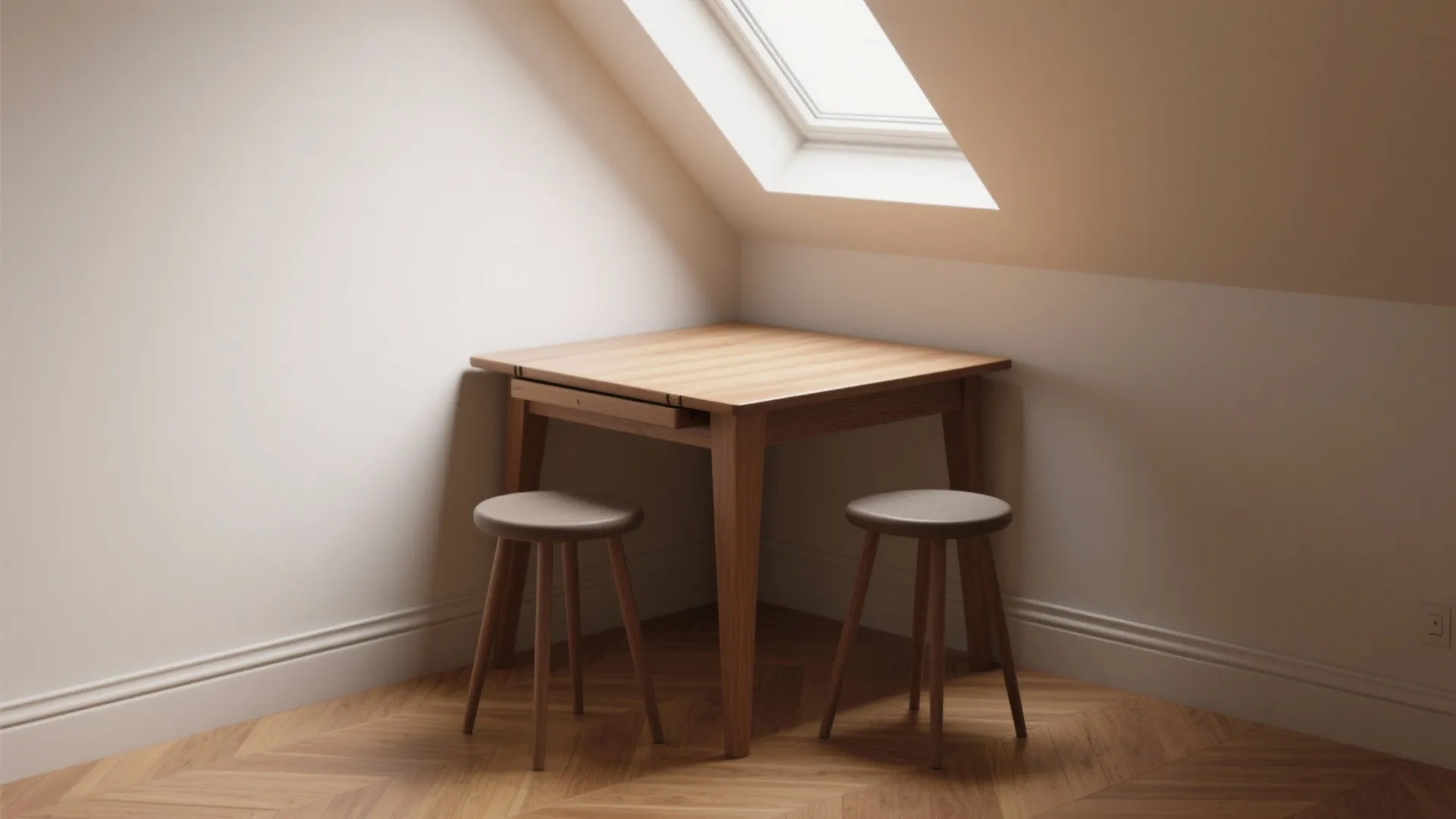 Small wooden square table with two stools placed in a corner under a roof window