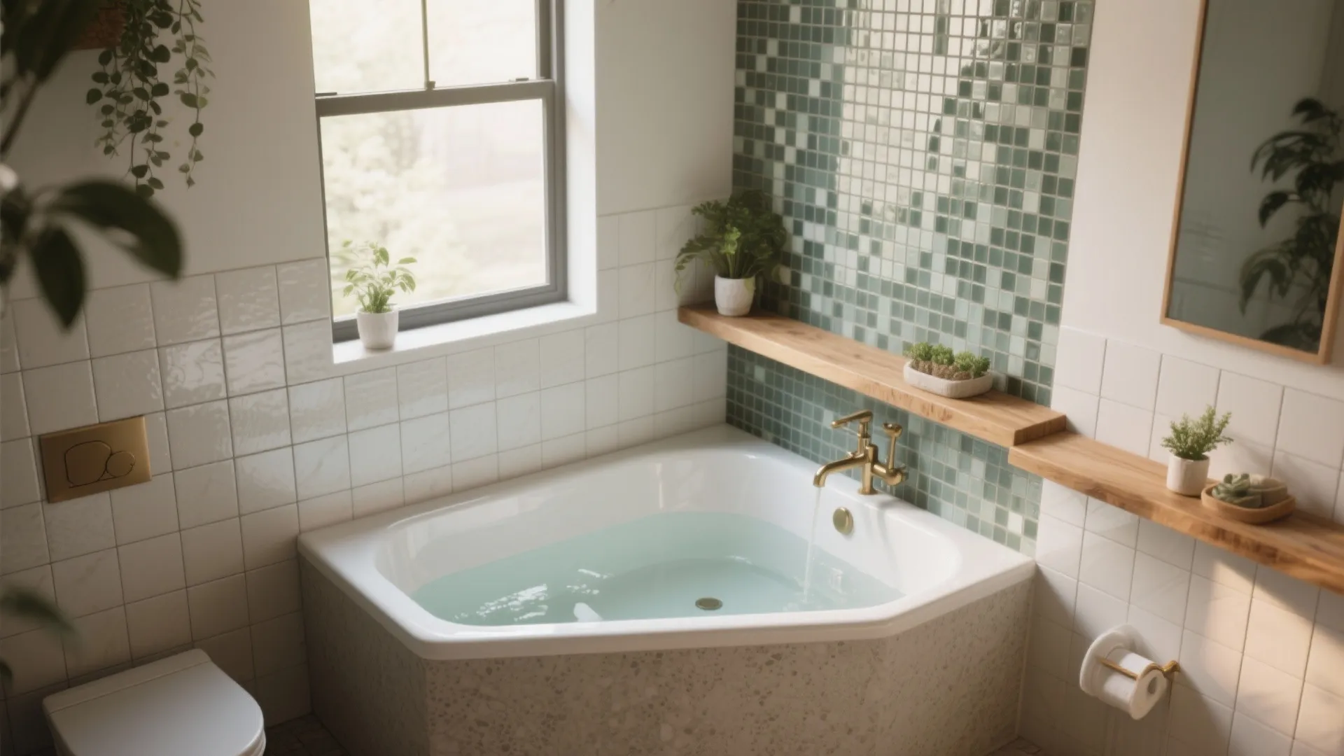 Corner bath tub with gold tap next to green tiled wall and wooden wall shelf