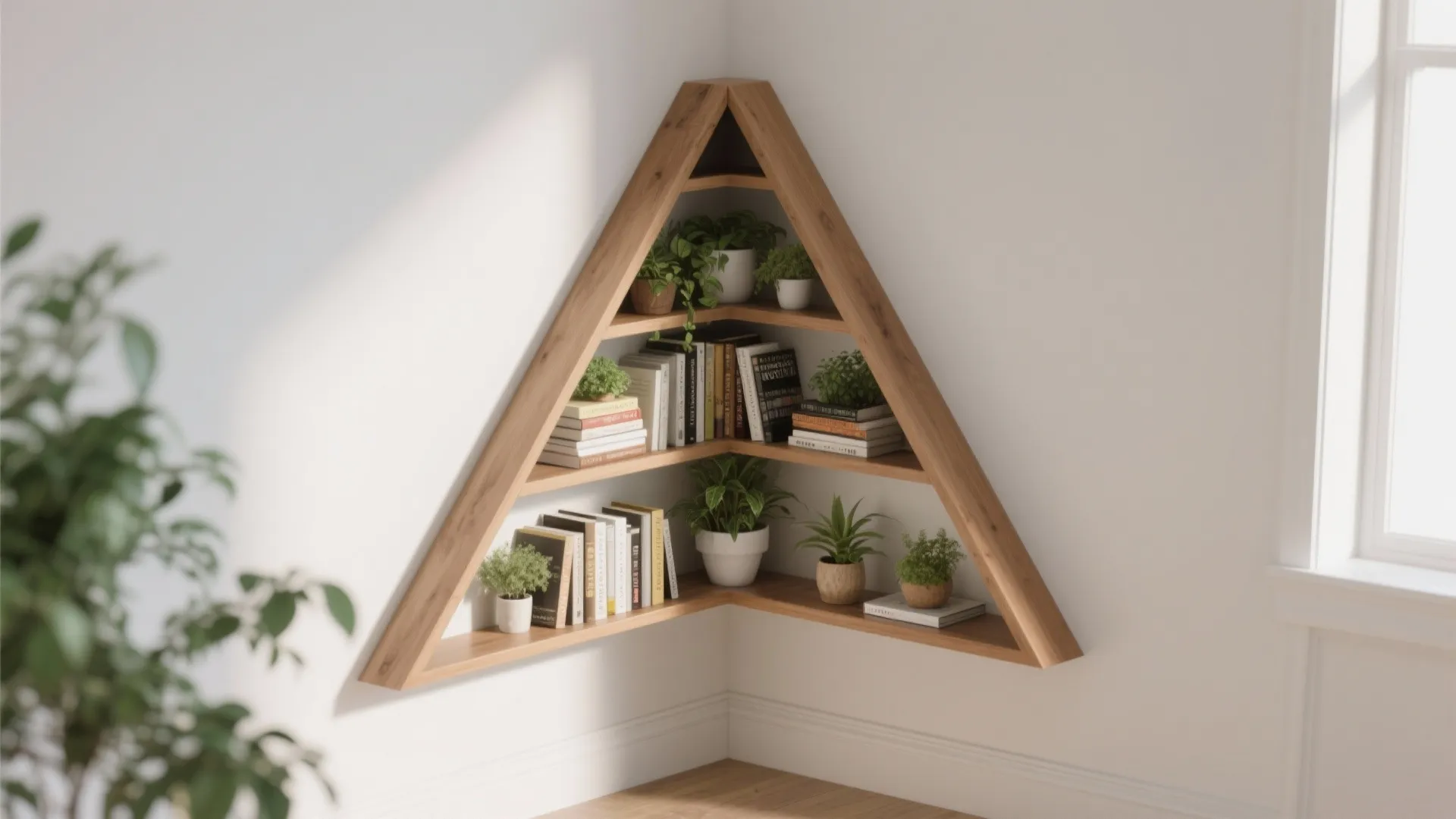 Triangle wood corner shelf mounted on white walls with small plants and books for storage
