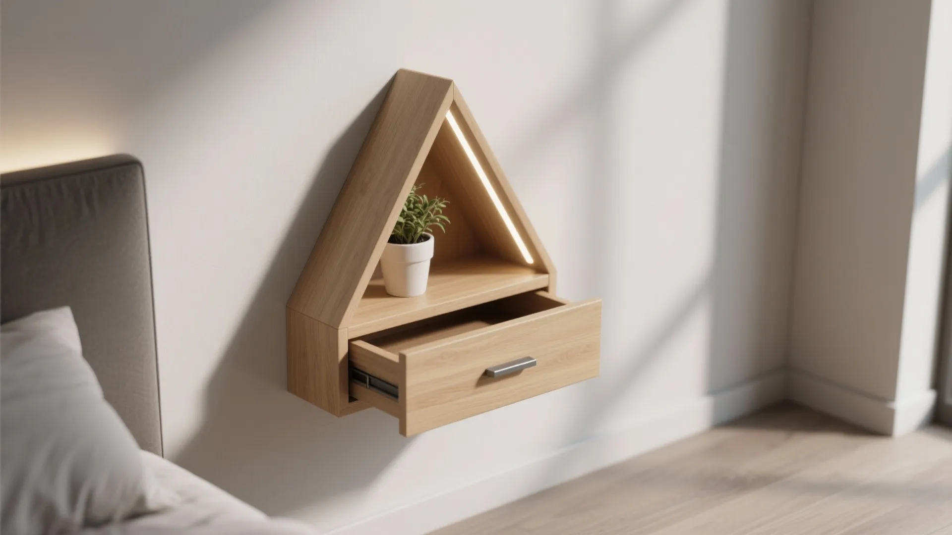 5. Corner-mounted triangular shelf with drawer
