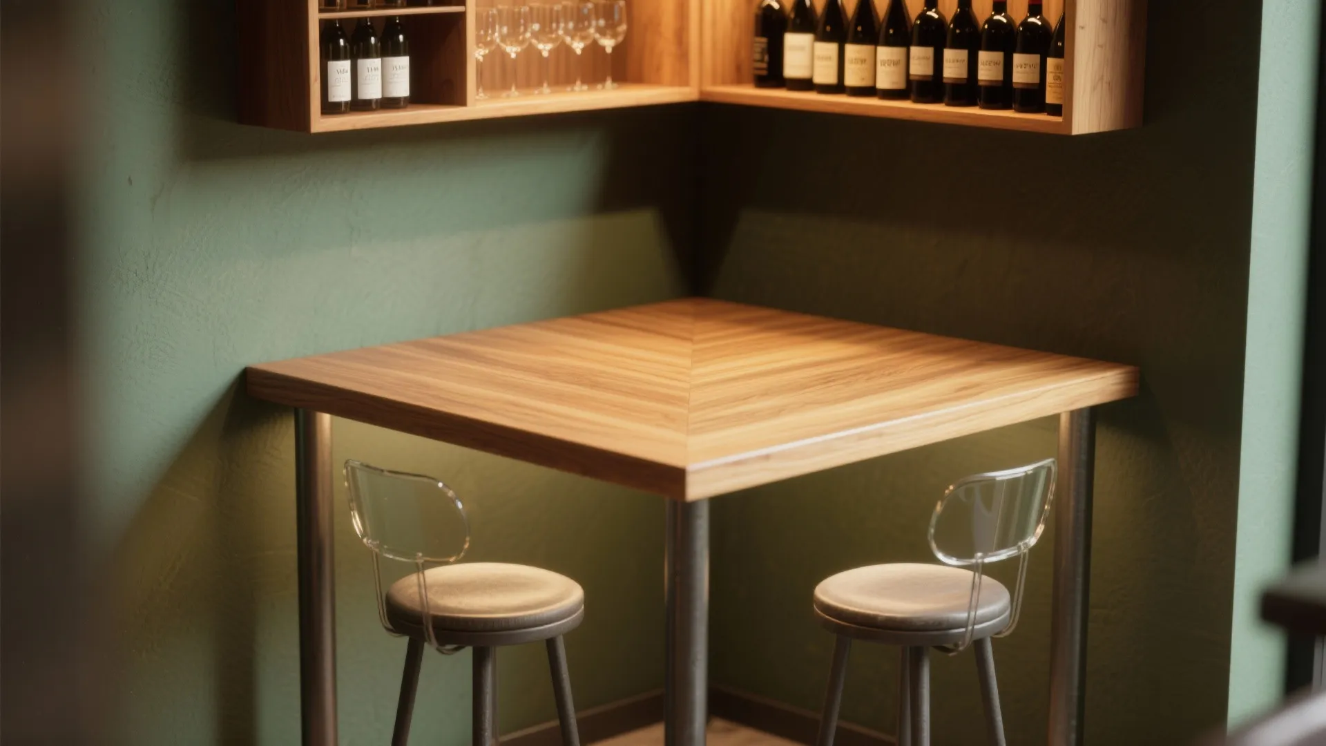 Wooden corner table with two bar stools against green walls and wall mounted wine cabinet