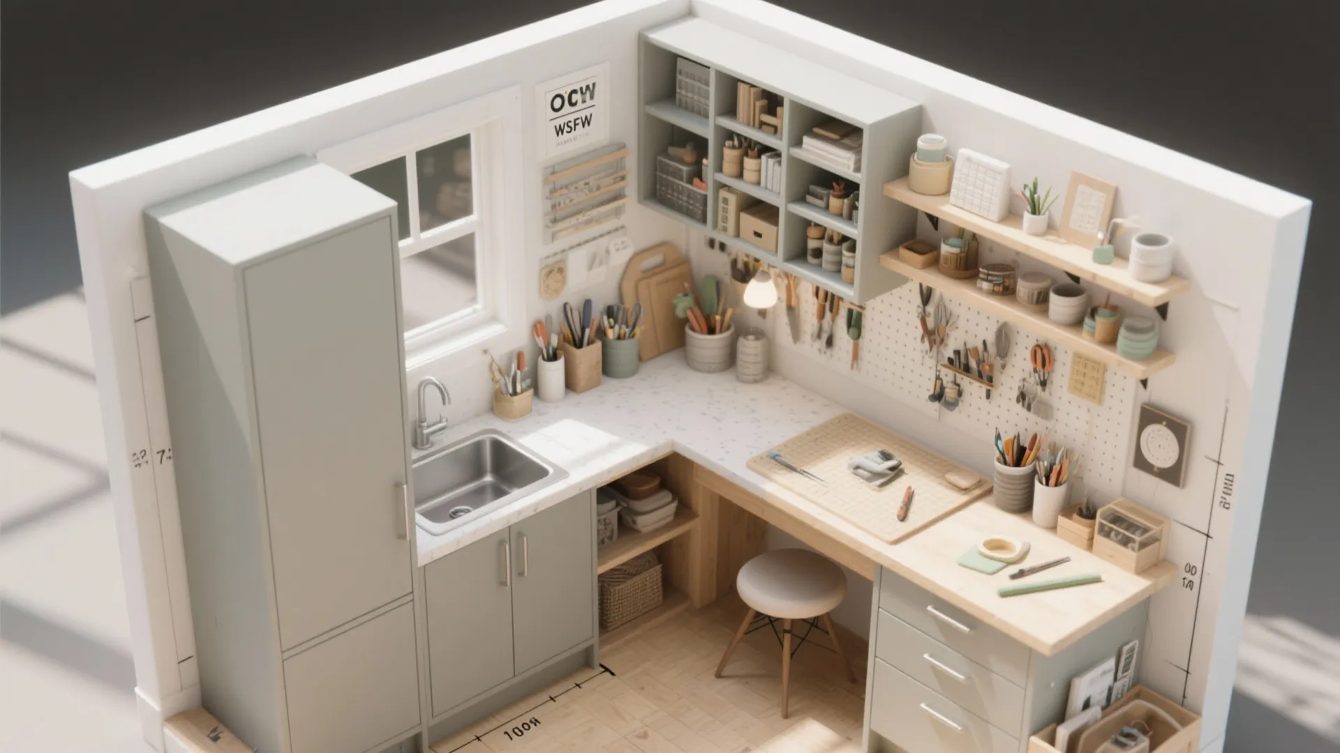 Interior design drawing of a small craft room with green cabinets sink and wall shelves