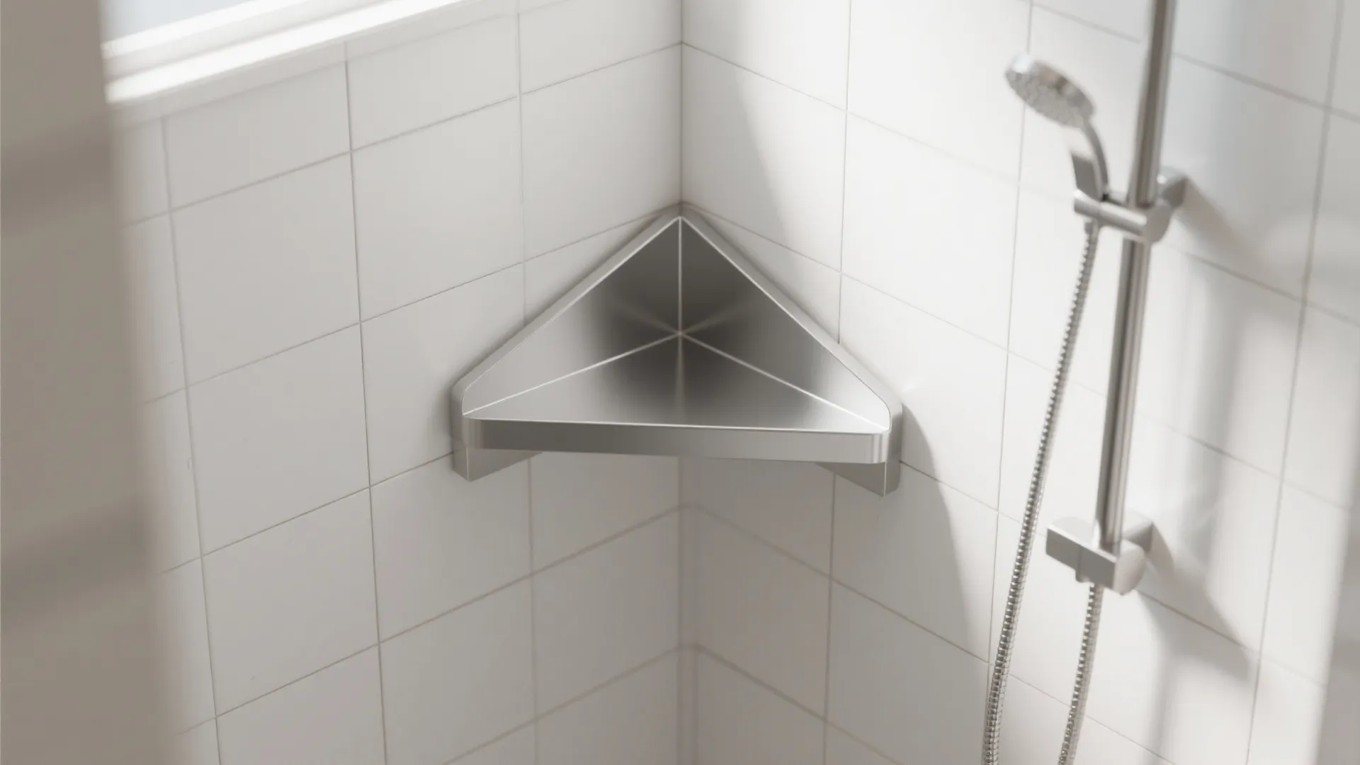 Metal triangle corner shelf mounted on white tiled bathroom wall next to a shower head