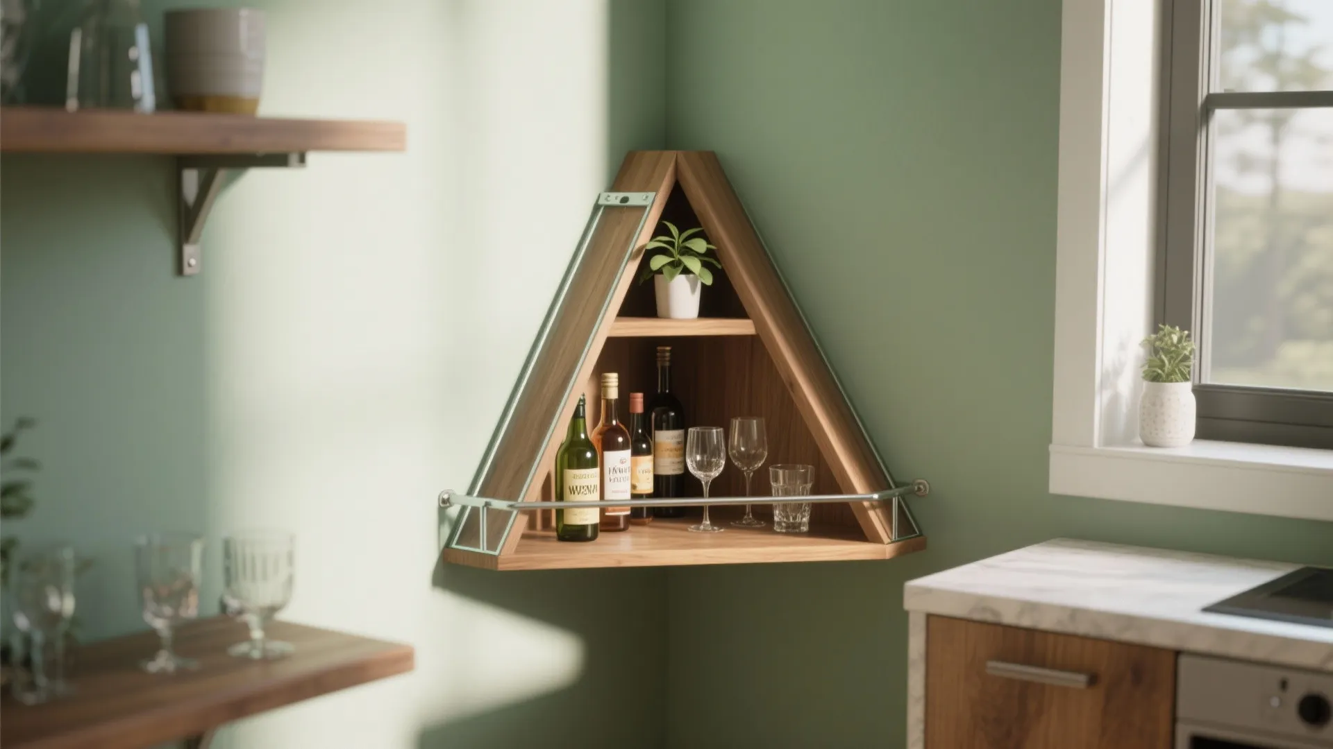 Triangular wooden corner shelf holding wine bottles and glasses against a light green kitchen wall