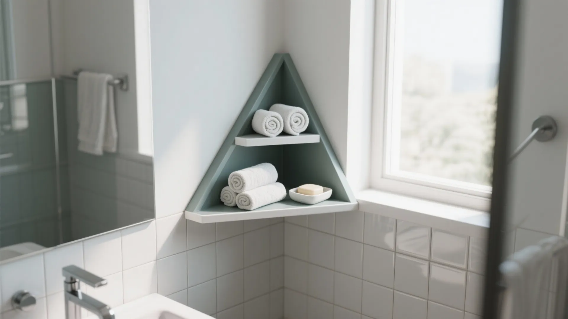 Grey triangle corner wall shelf in white tiled bathroom holding rolled white towels and soap