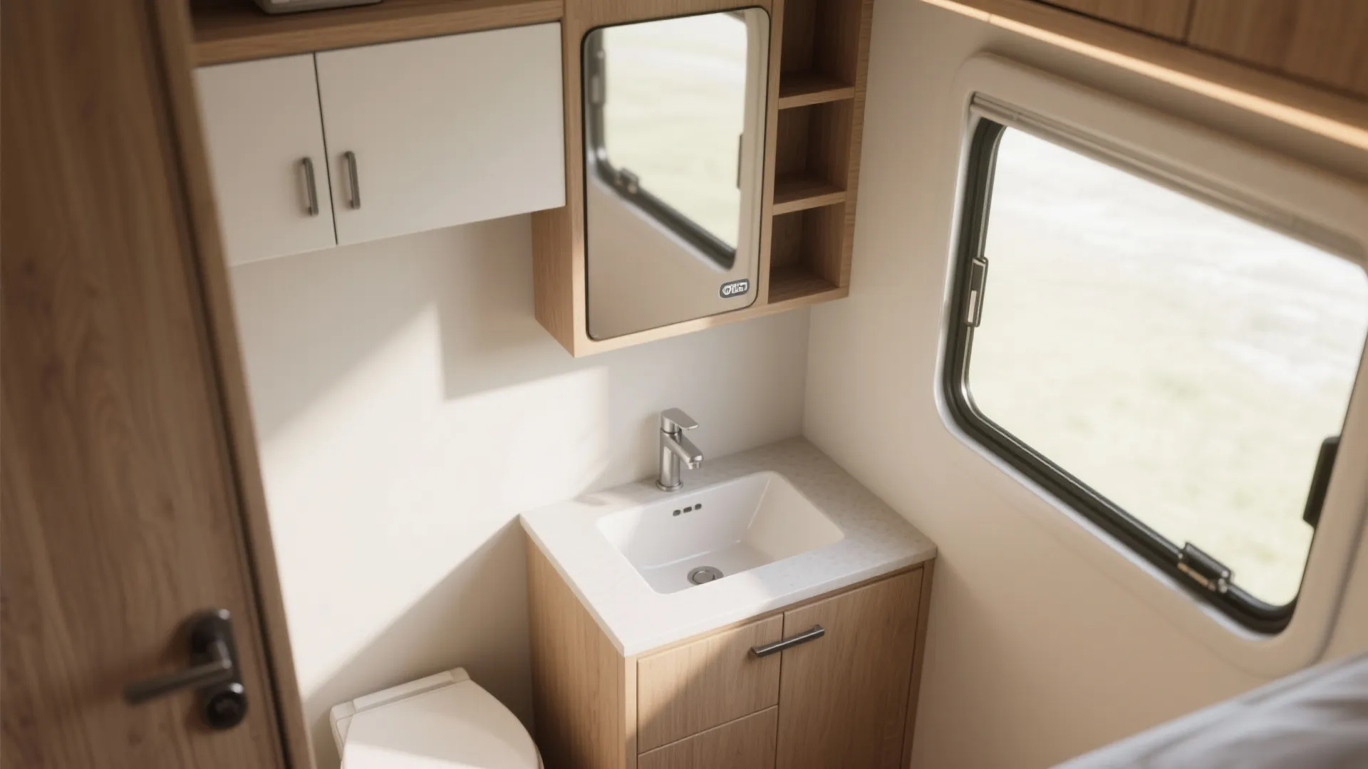 Small bathroom vanity with white sink silver faucet mirror cabinet wooden storage and side window