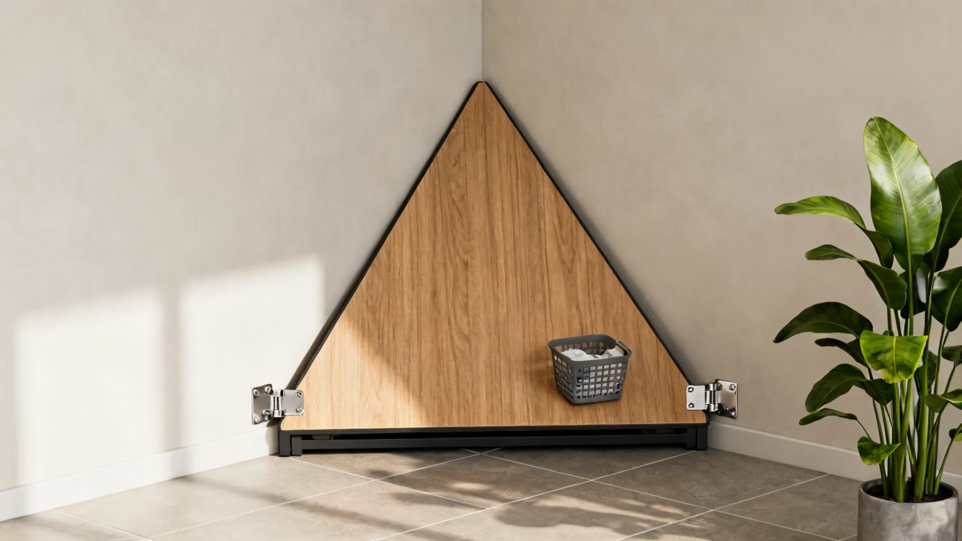 Corner-mounted triangular fold-up table deployed in a micro-laundry for sorting and folding.