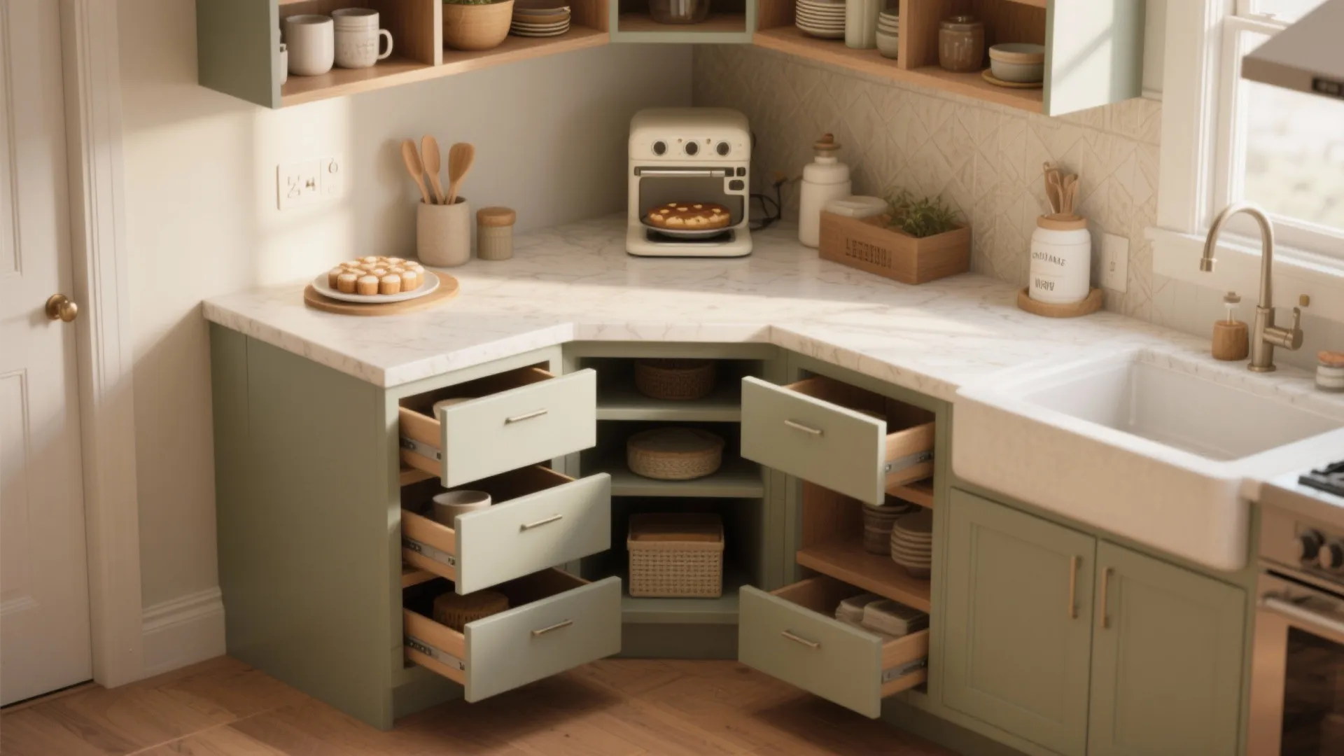 Corner triangular island with open shelving and a mini baking station in a small family kitchen