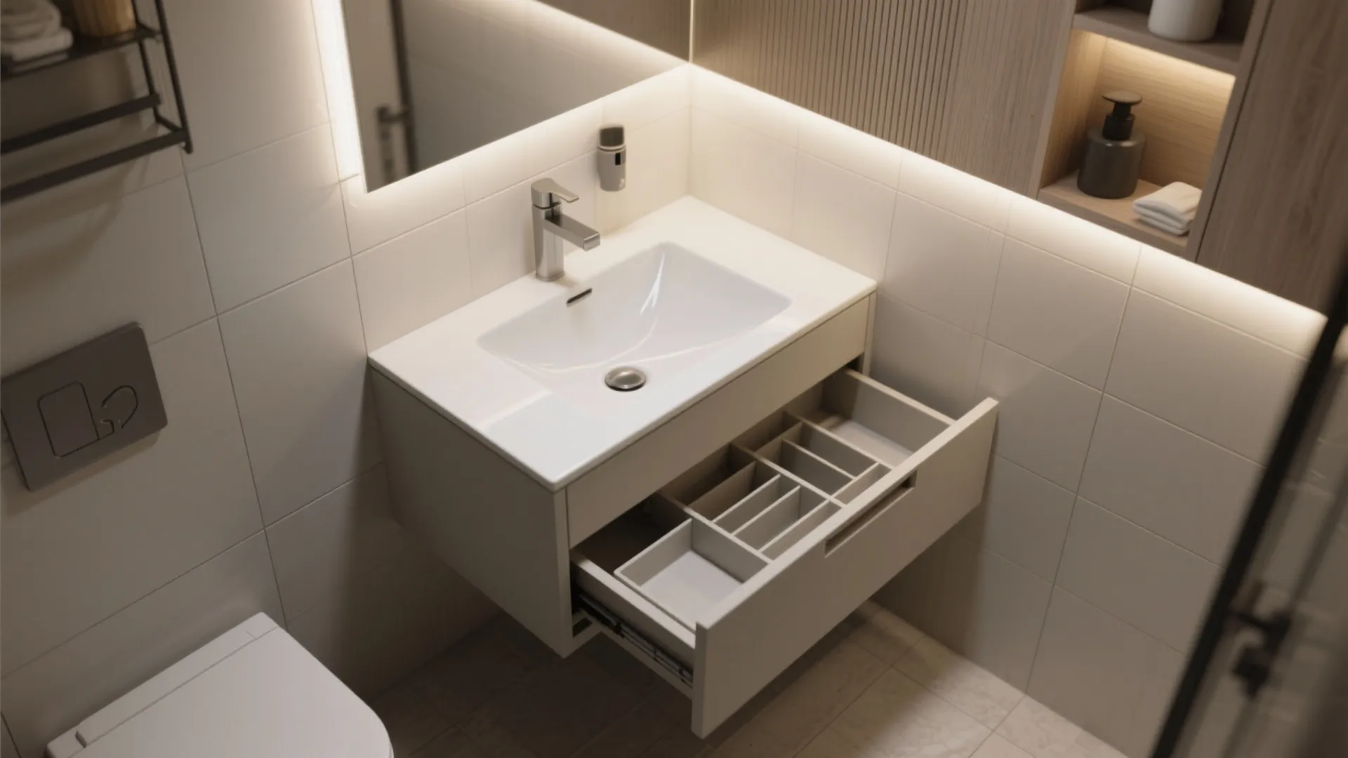 Small bathroom corner vanity with a triangular porcelain vessel sink and pull-out organizer