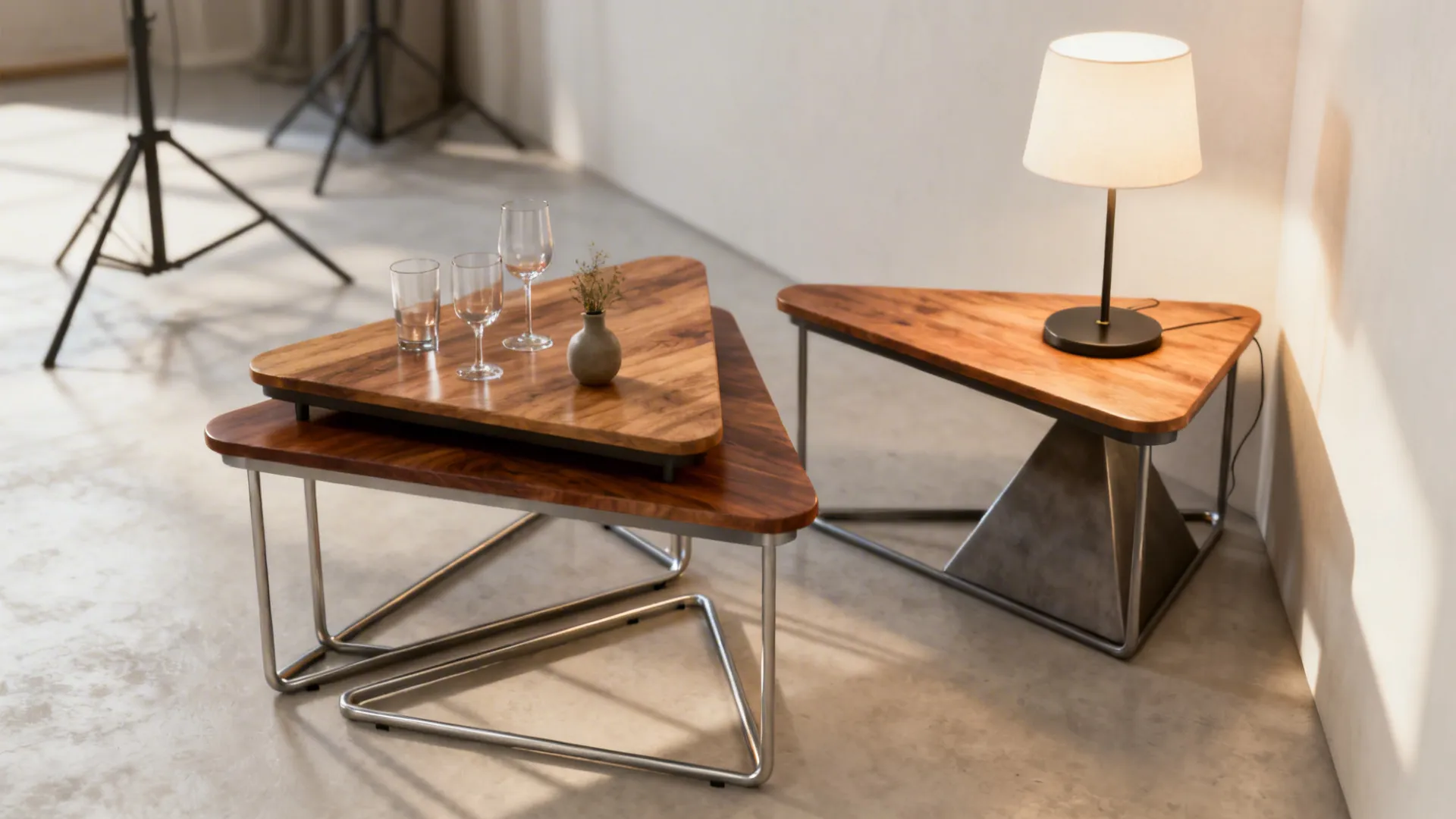 Studio corner with three nesting triangular end tables, two spread for use and one nested.