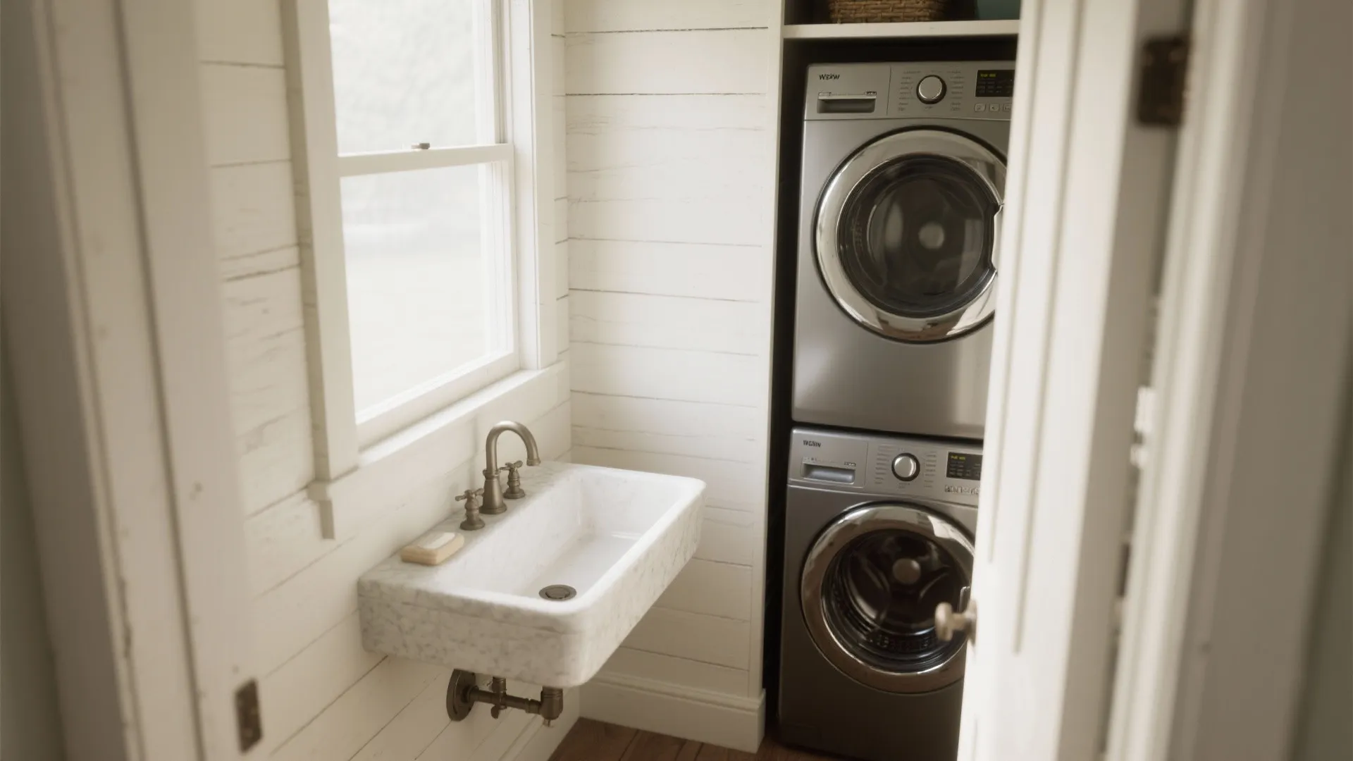 Stacked silver washer and dryer next to a white marble sink in a laundry room