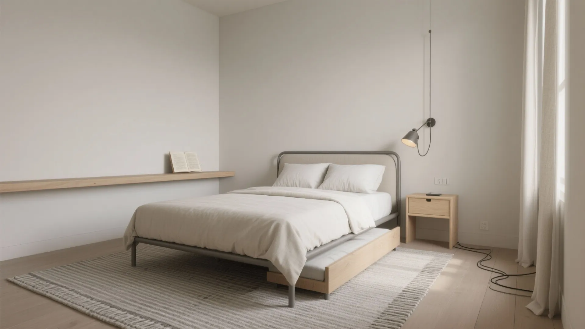 Corner daybed with trundle along the long wall, swing-arm sconce, ledge shelf, and a low-pile rug for smooth roll-out.