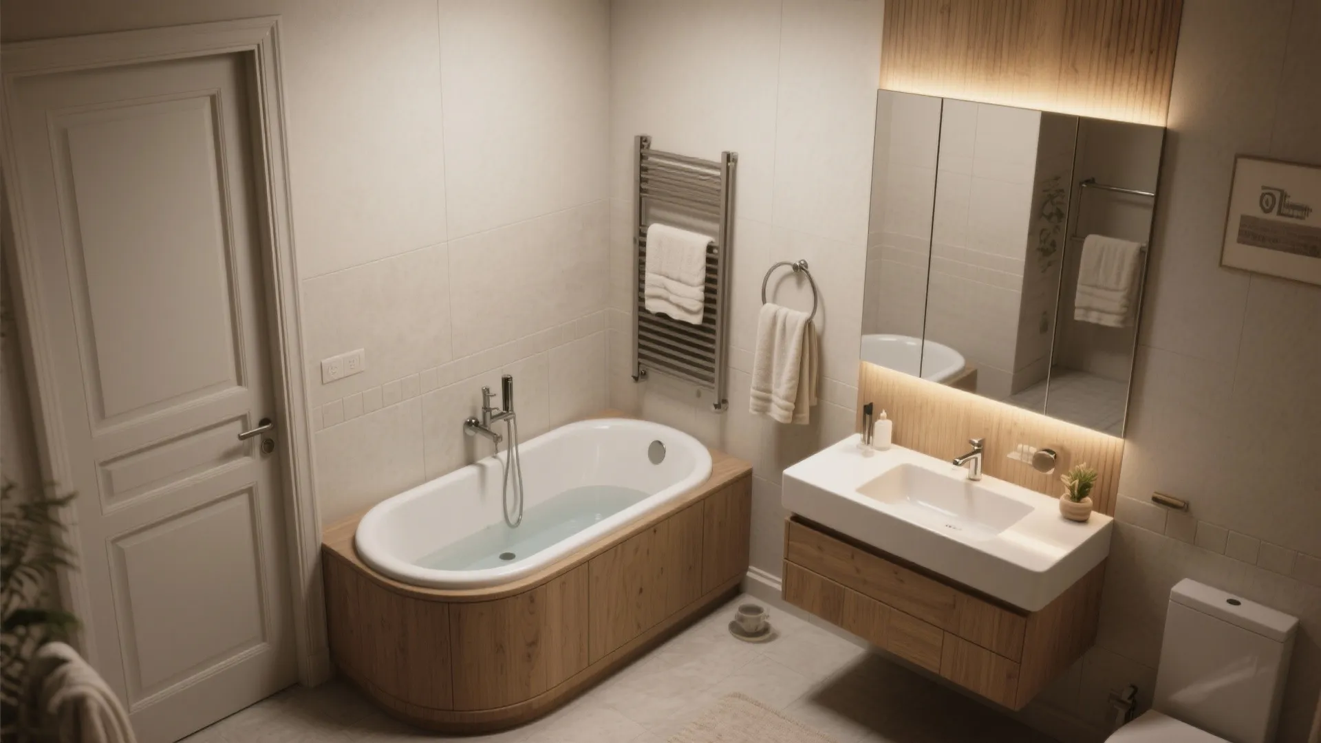 Modern bathroom with wooden bathtub cabinet sink mirror light fixture towel rack and white tiled walls