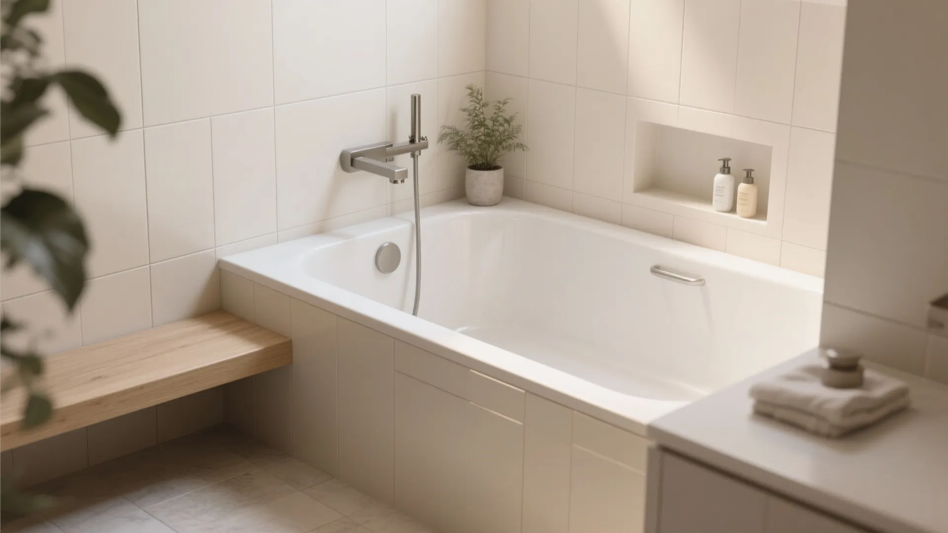 Modern white corner bathtub with tiled walls a wooden bench potted plant and wall niche