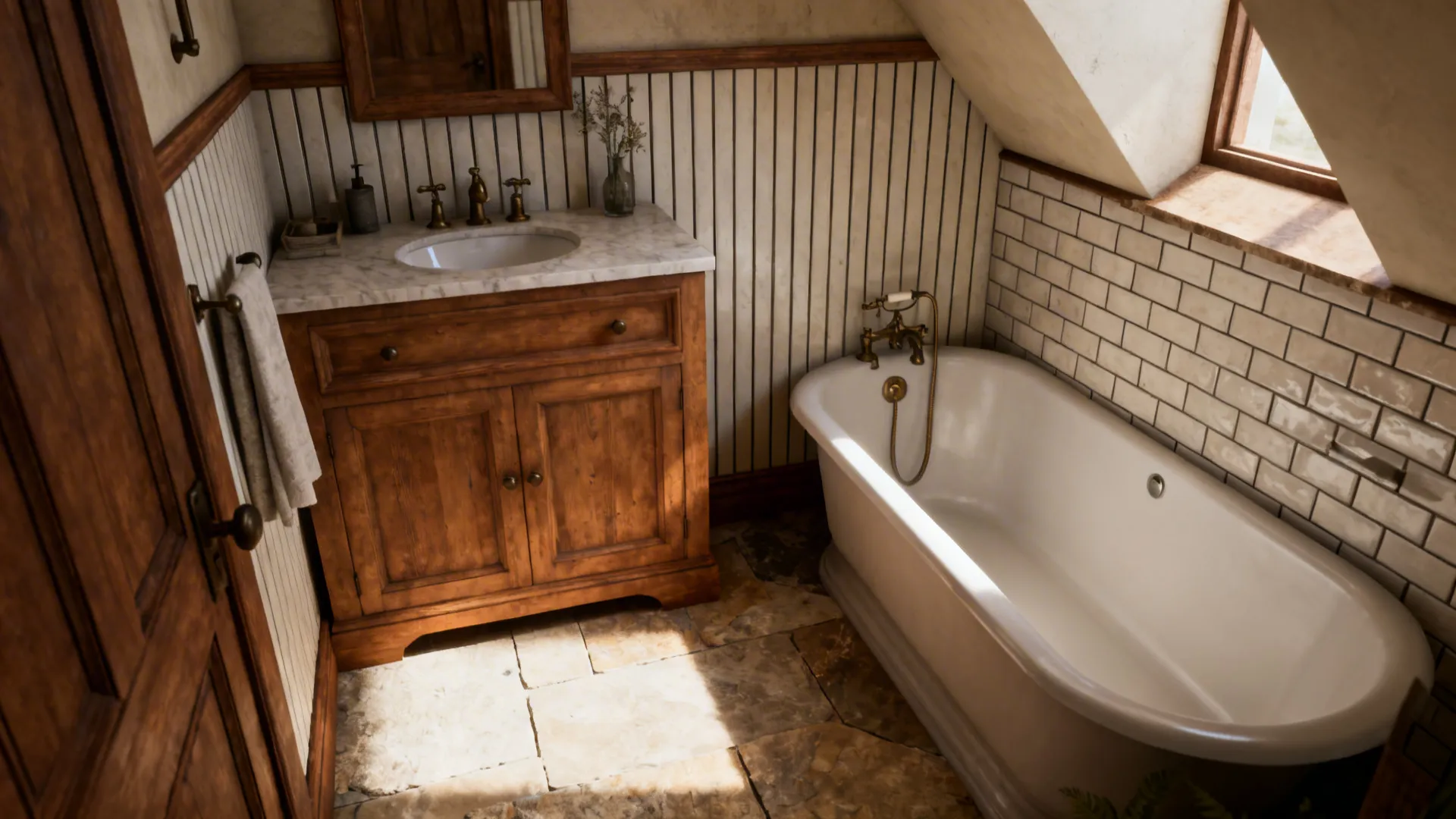 Corner bathtub tucked into a small bathroom corner freeing circulation space