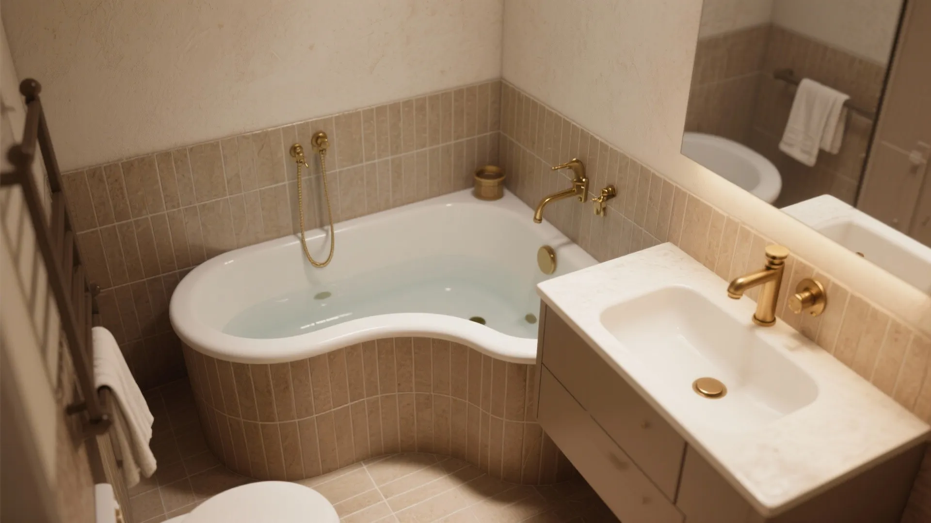 4. Corner tub or angled fixtures (creative footprint)