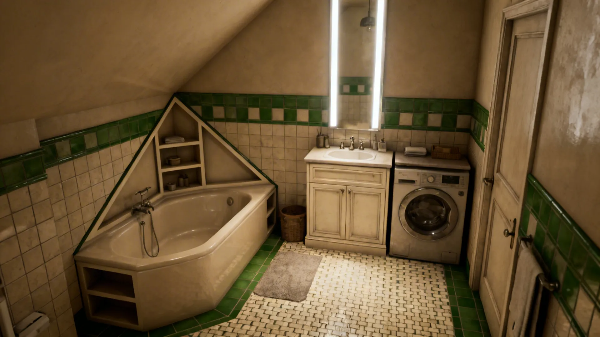 Small bathroom with a triangular corner tub and angled storage, freeing central floor area