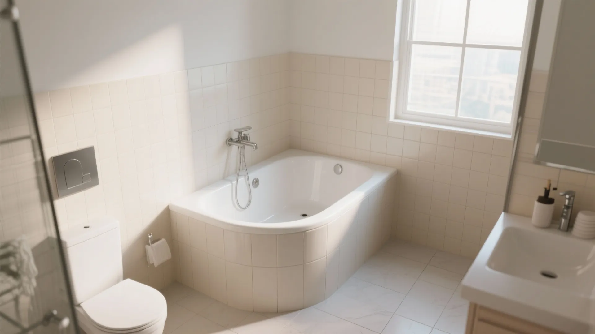 Small bathroom featuring a modern corner soaking tub