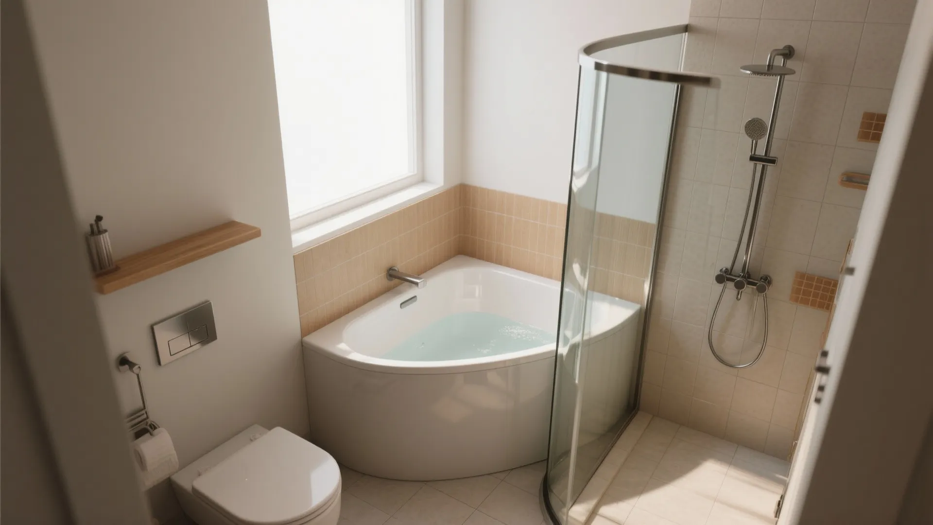 1. Corner Tub + Curved Glass Shower