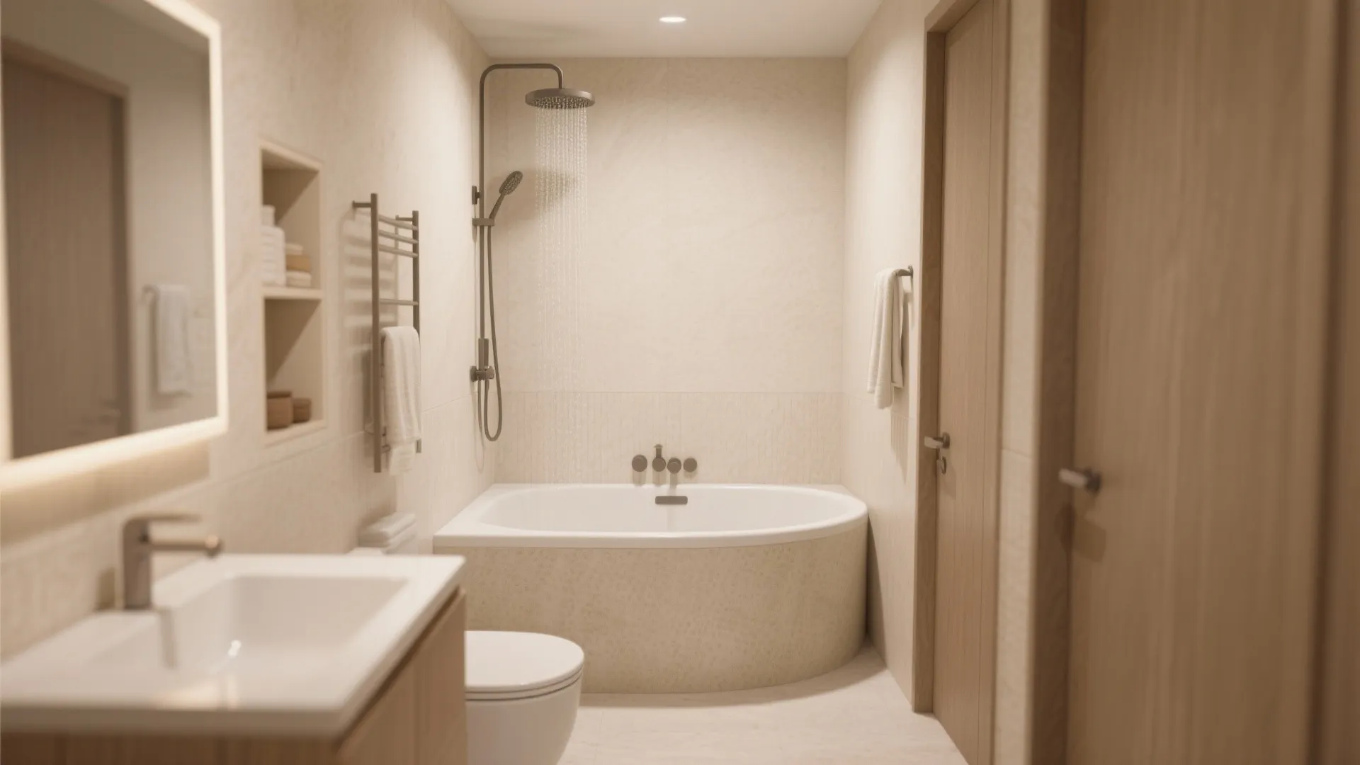 Small bathroom with rounded corner tub placement