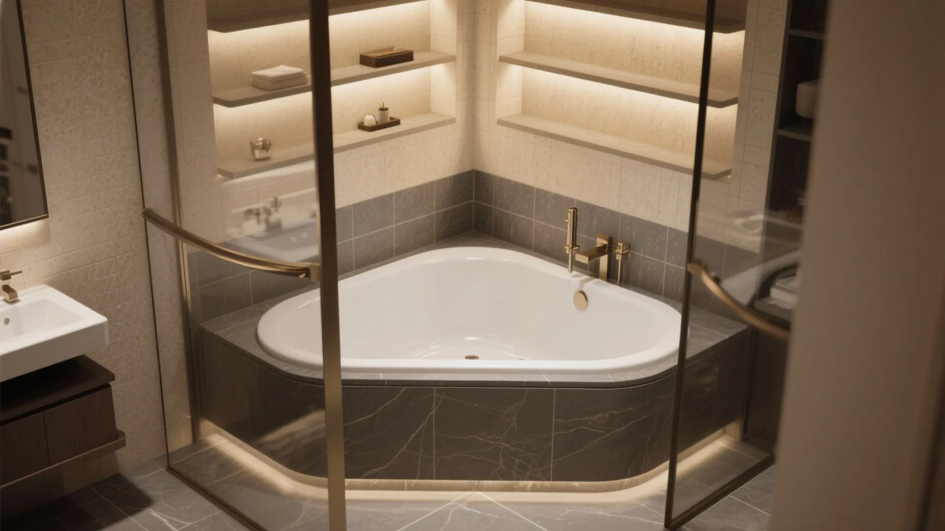 Modern bathroom corner with white bathtub dark marble tiles glass doors and warm lighted wall shelves