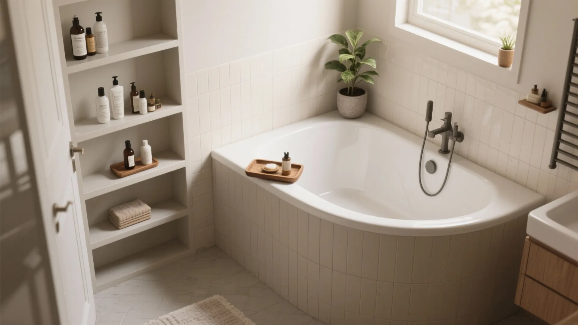 2. Corner tubs that double as shelves