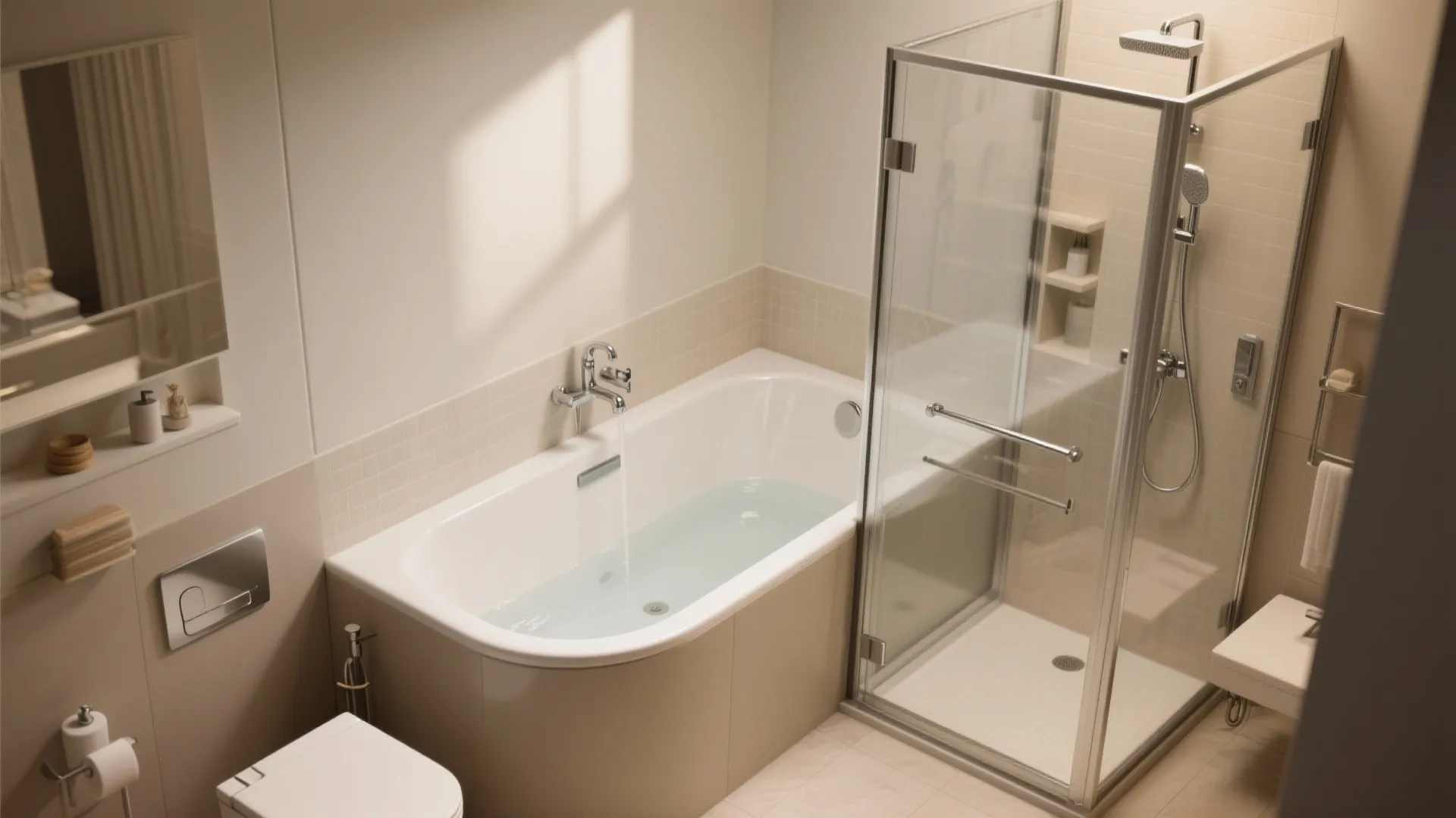 Corner soaking tub with adjacent glass shower