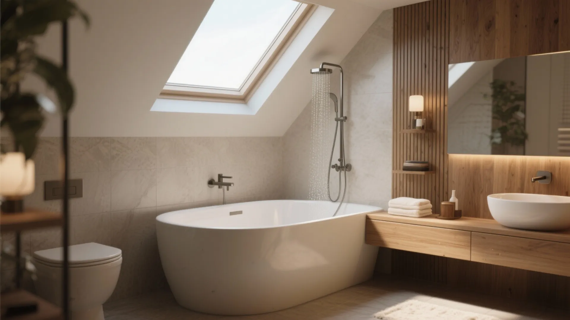 6. Corner Bathtub with Overhead Shower