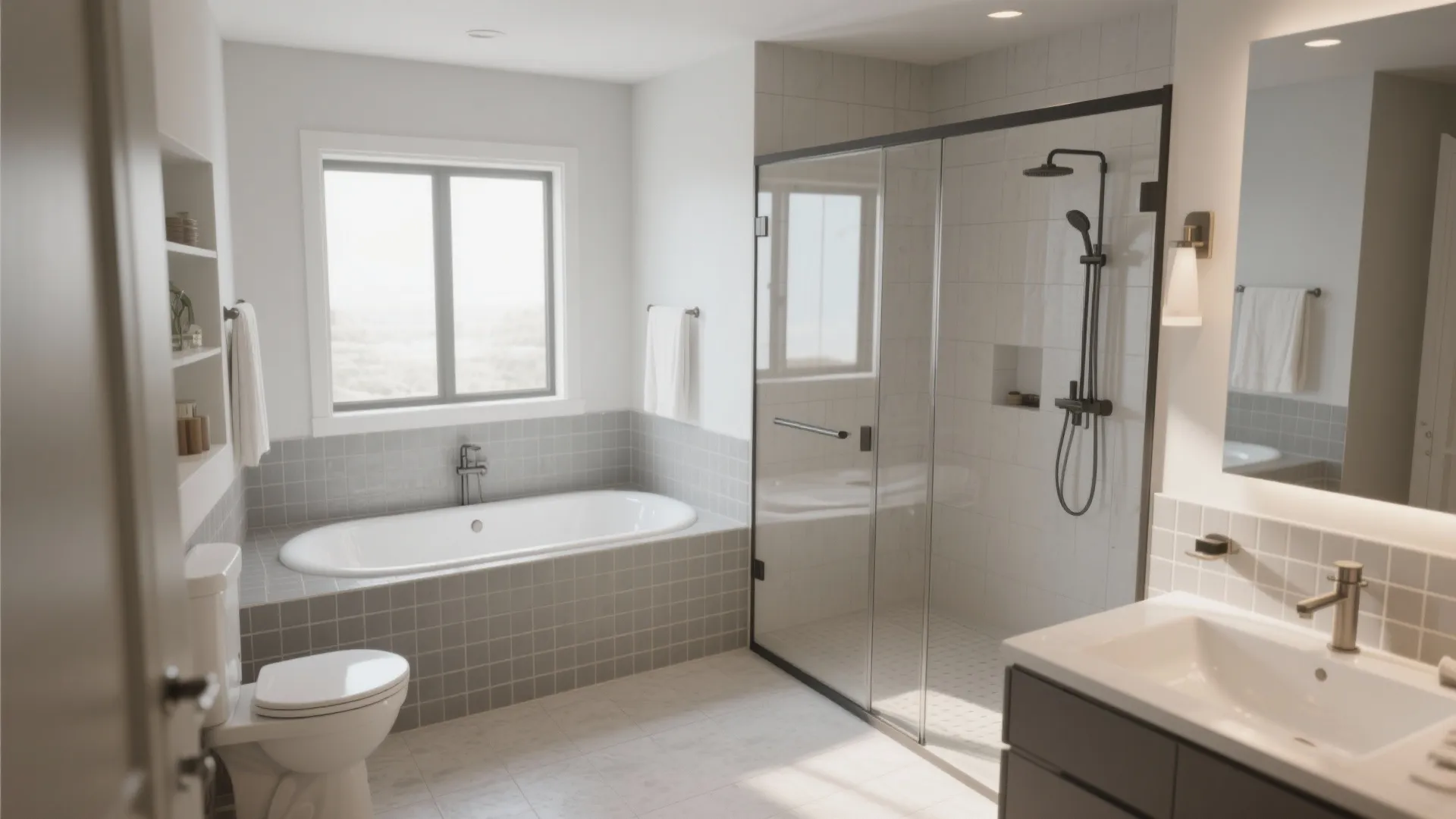 Modern bathroom with white bathtub glass shower stall toilet sink wall light and large window