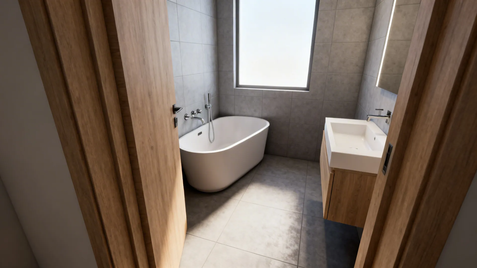 Small bathroom with a corner freestanding tub and wall-mounted faucets, wall-hung vanity