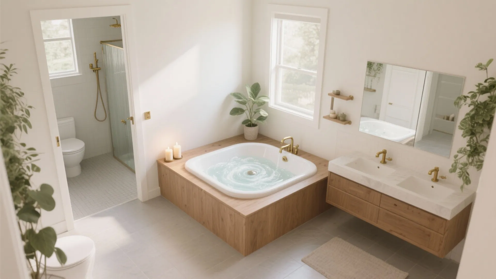 Spacious white bathroom with wooden bathtub surround double vanity gold fixtures and indoor green plants