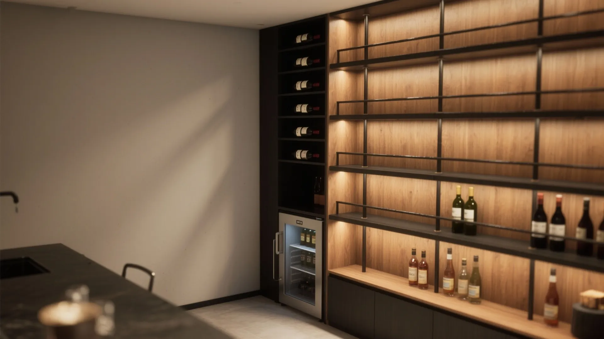 Corner drinks station with vertical stacked shelves, hidden wine rack and appliance niche